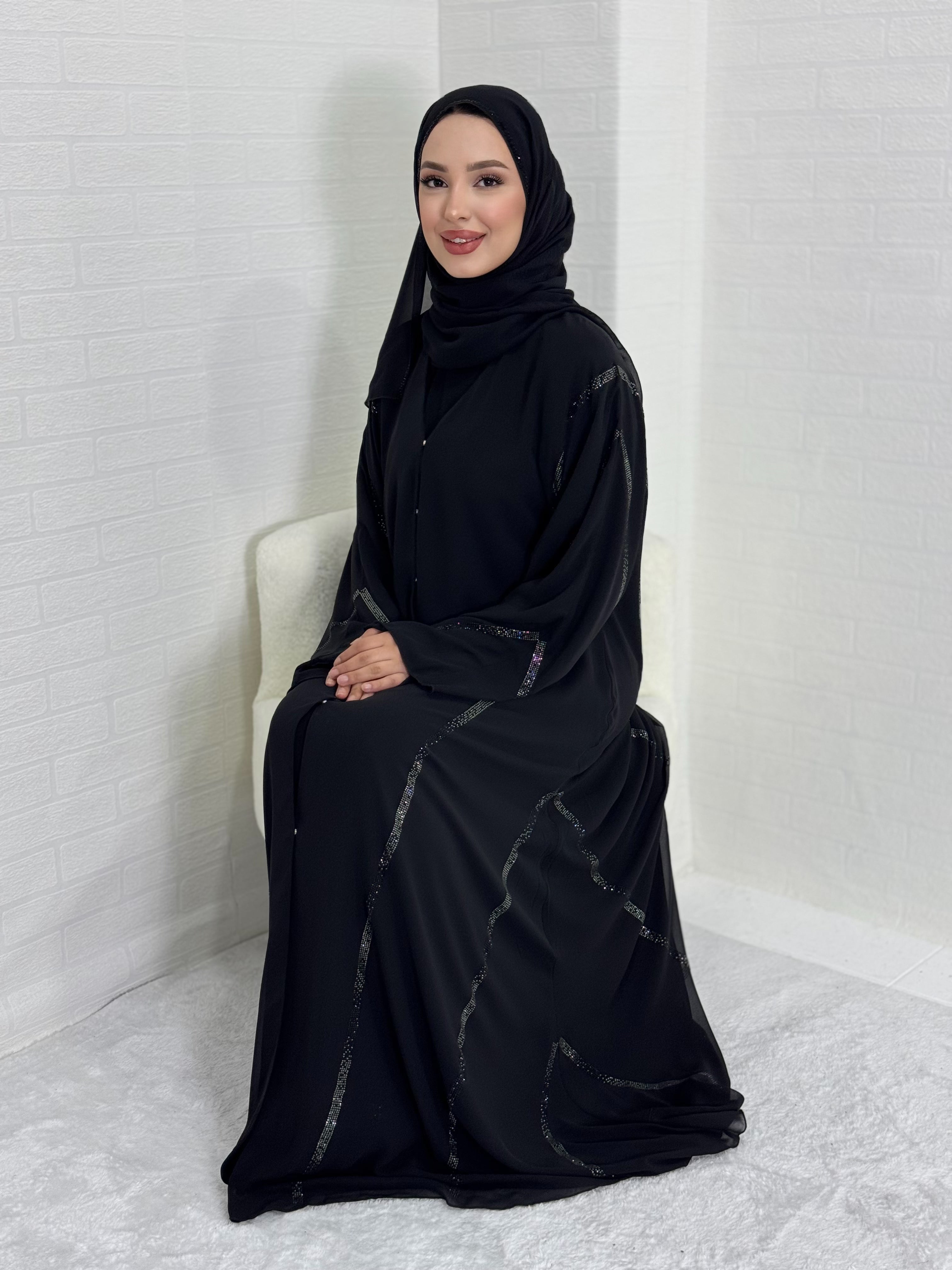 Black Chiffon Abaya with Hematite Sparkle for Subtle Elegance