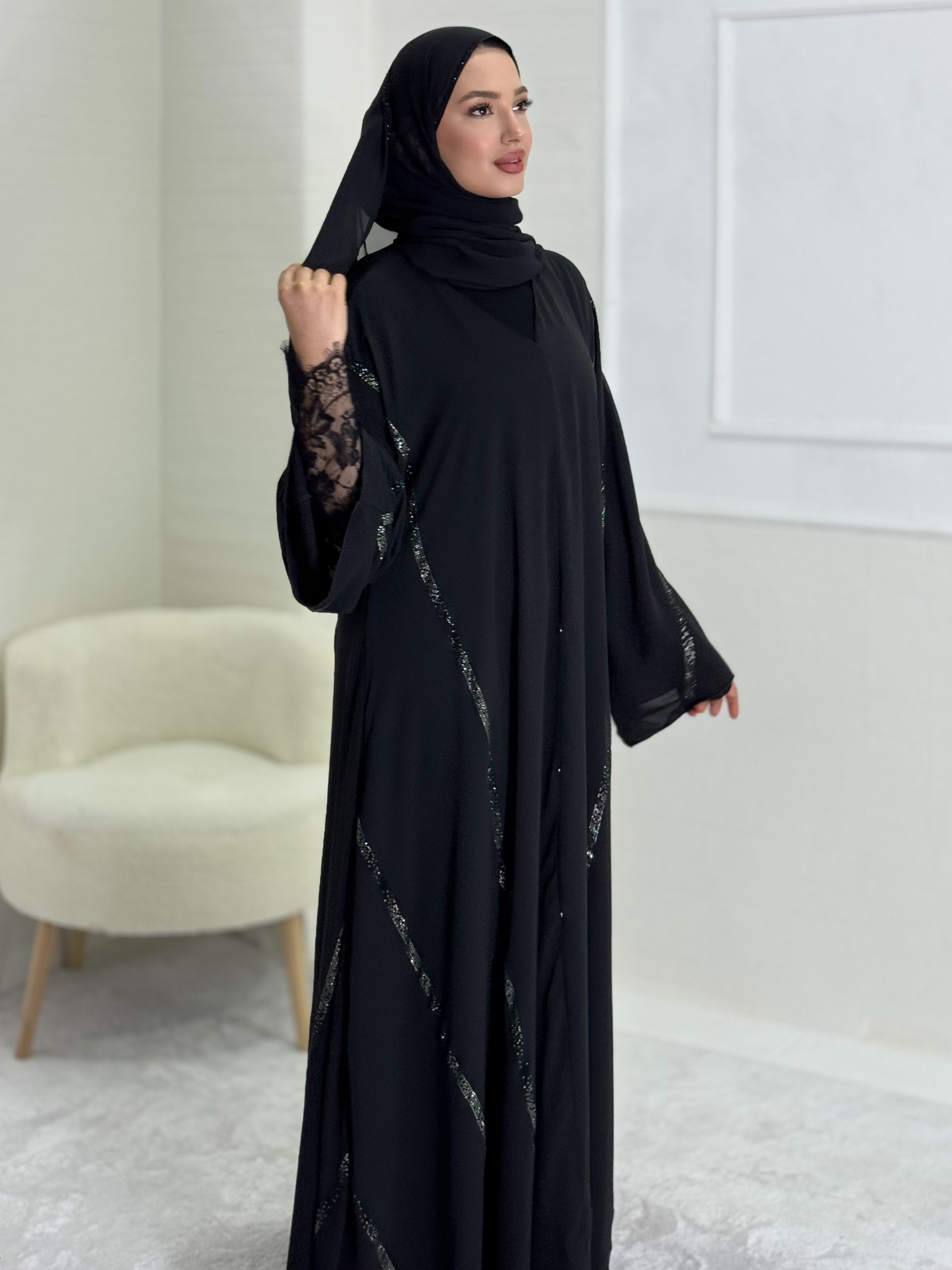 Black Chiffon Abaya with Hematite Sparkle for Subtle Elegance