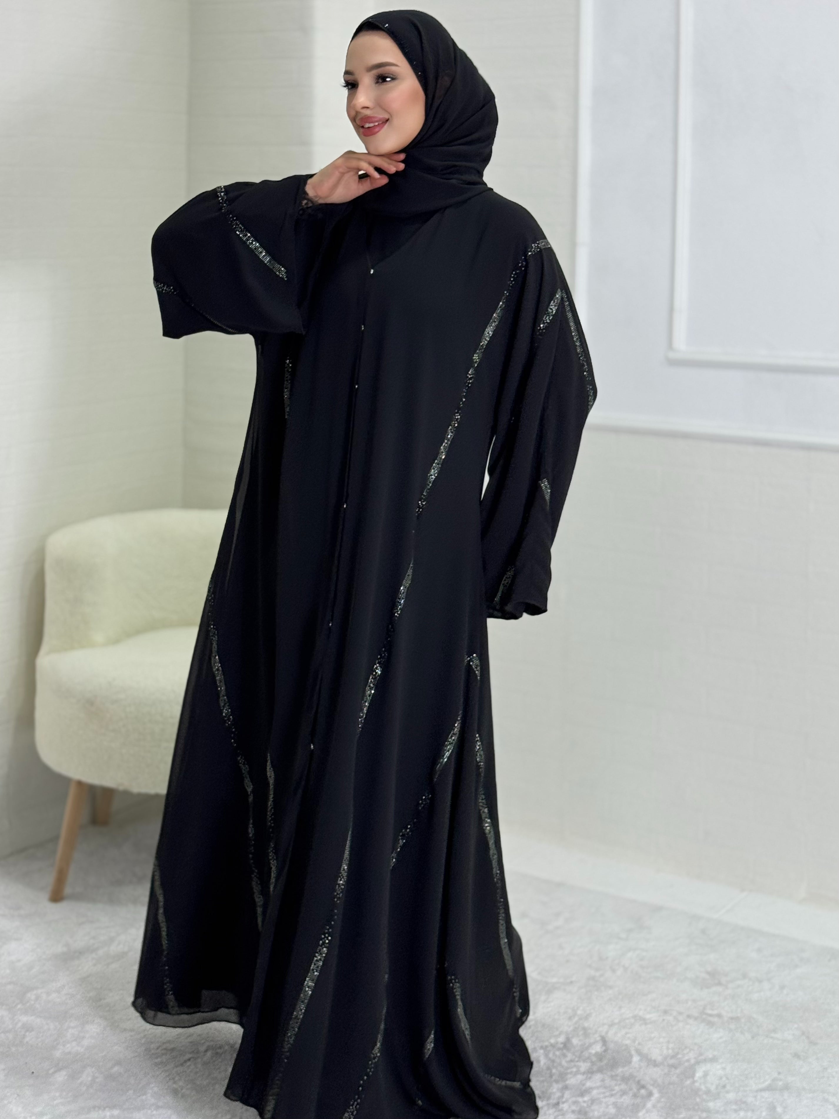 Black Chiffon Abaya with Hematite Sparkle for Subtle Elegance