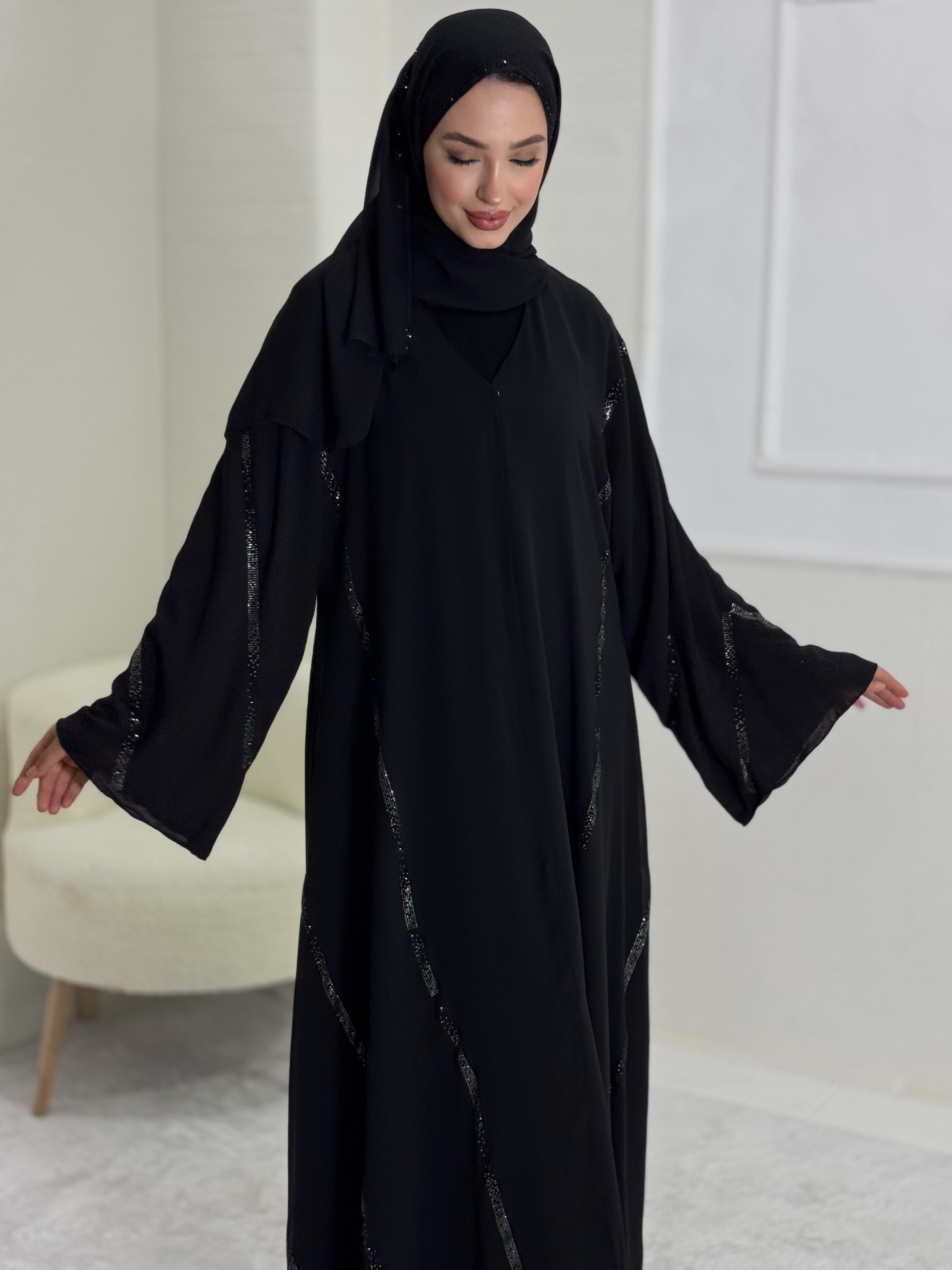 Black Chiffon Abaya with Hematite Sparkle for Subtle Elegance