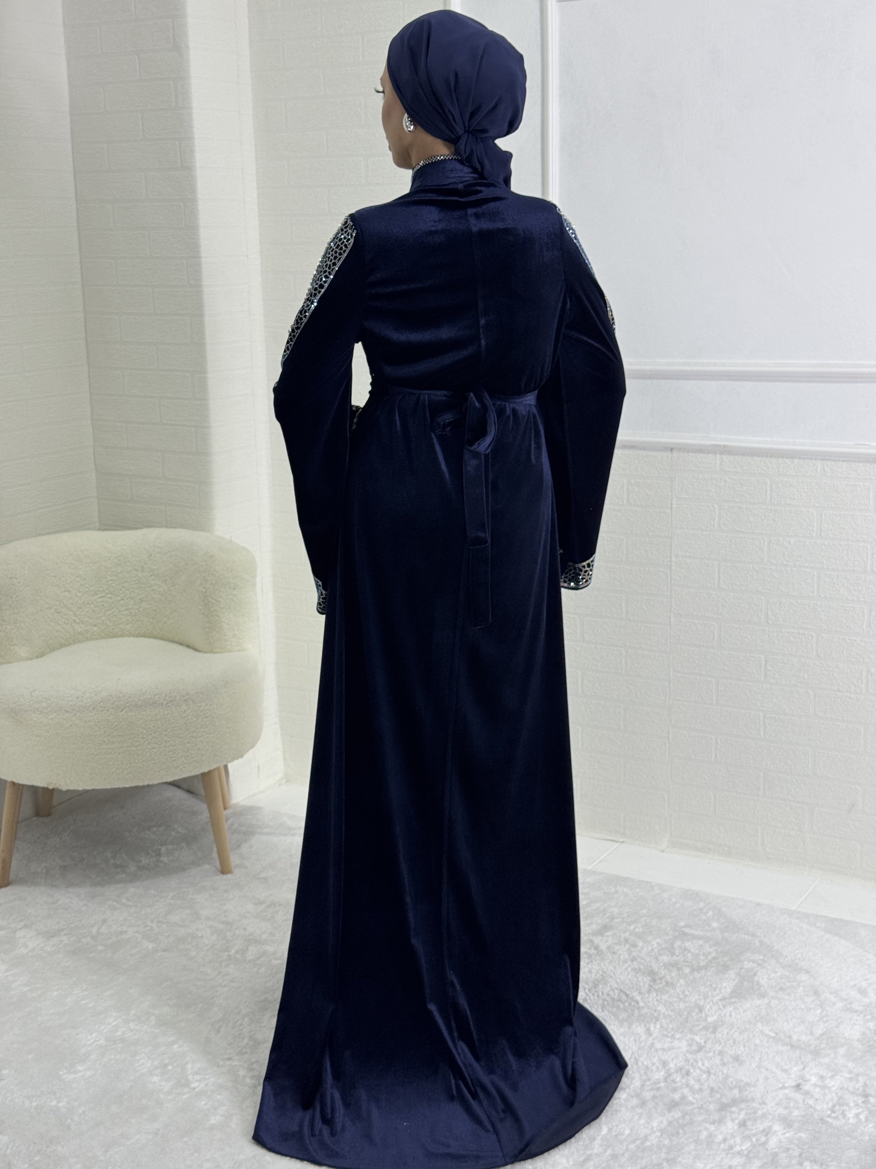 Swarovski Stone Blue Evening Dress with Slit Sleeves and a Tail at the Back