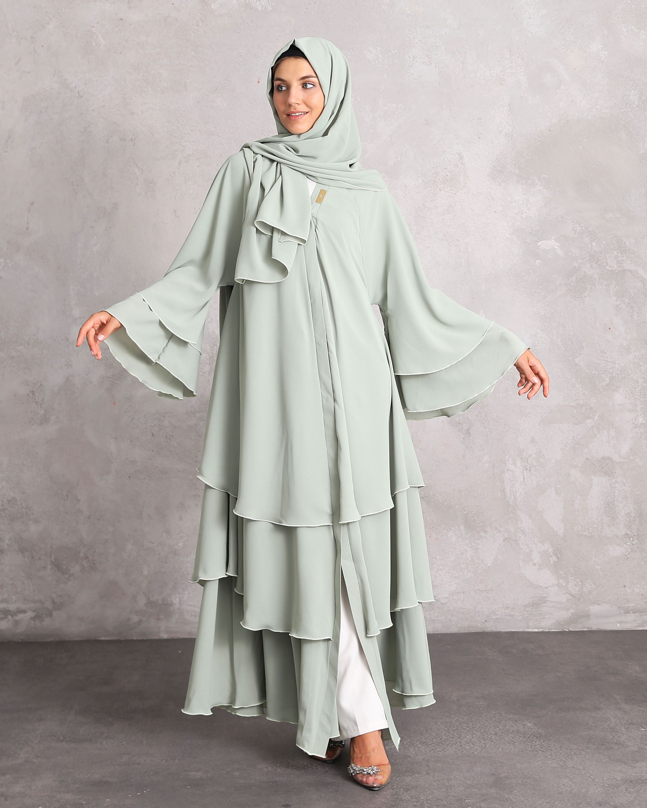 Elegance Olive Chiffon Abaya Three-Layered