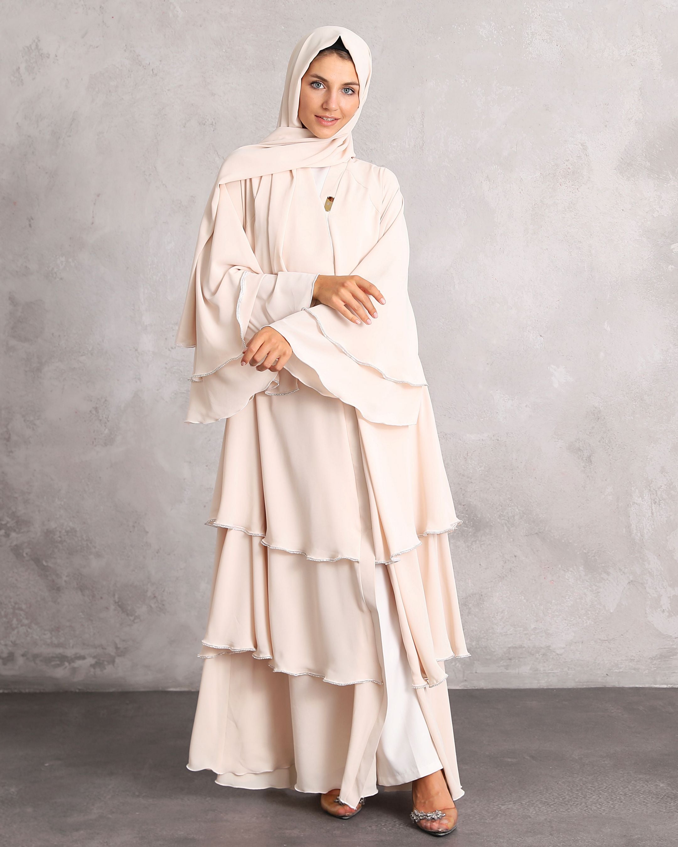 Elegance Cream Chiffon Abaya Three-Layered