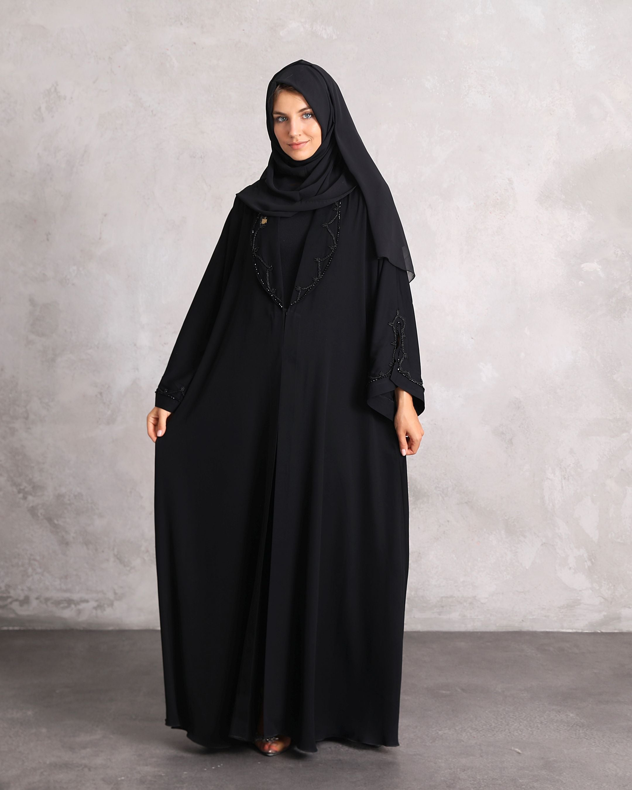 Timeless Allure: Handmade Stone Embellished Black Abaya in Nida Fabric