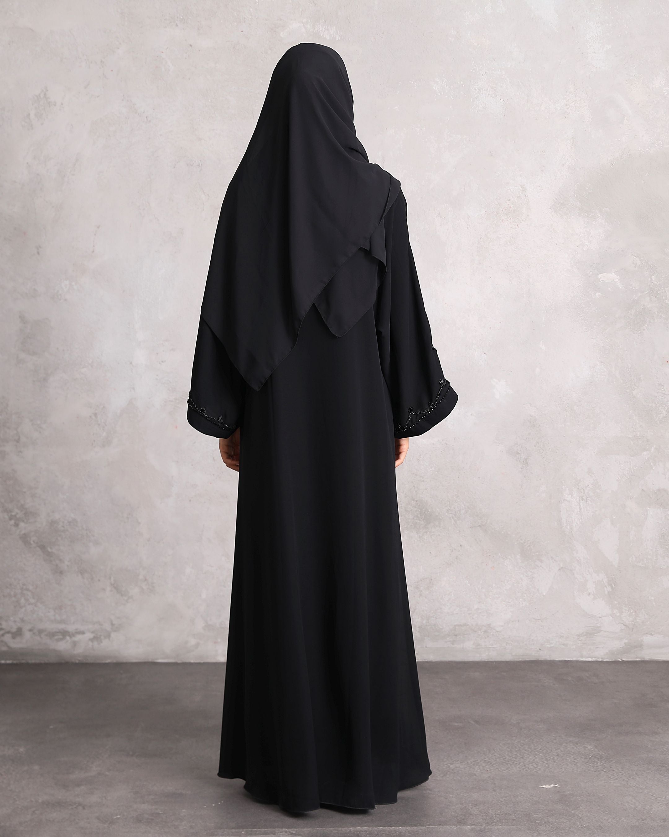 Timeless Allure: Handmade Stone Embellished Black Abaya in Nida Fabric