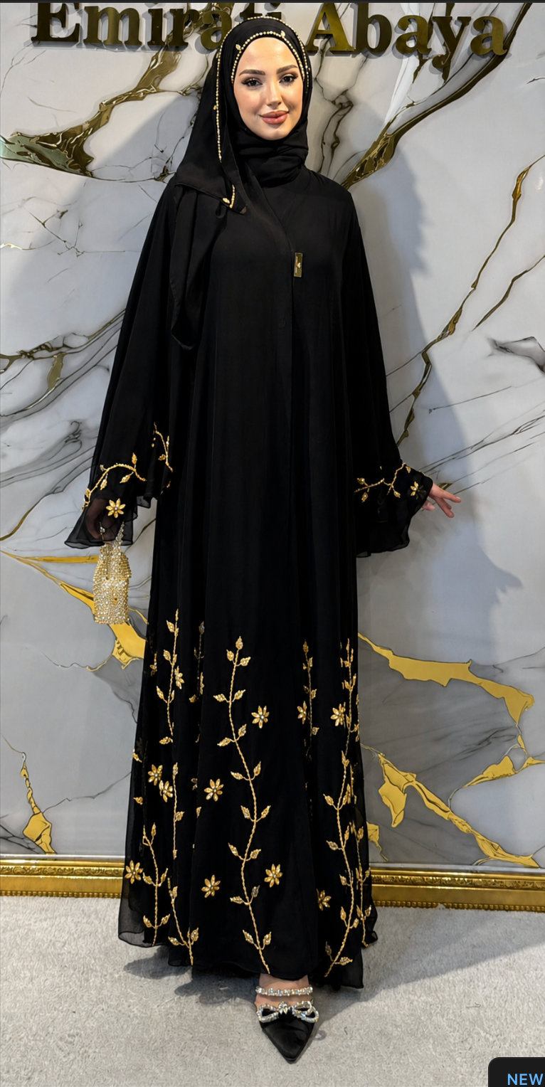 El İşlemeli Altın Çiçek Motifli Siyah Şifon Abaya – Şallı Takım | EF0035 GSB