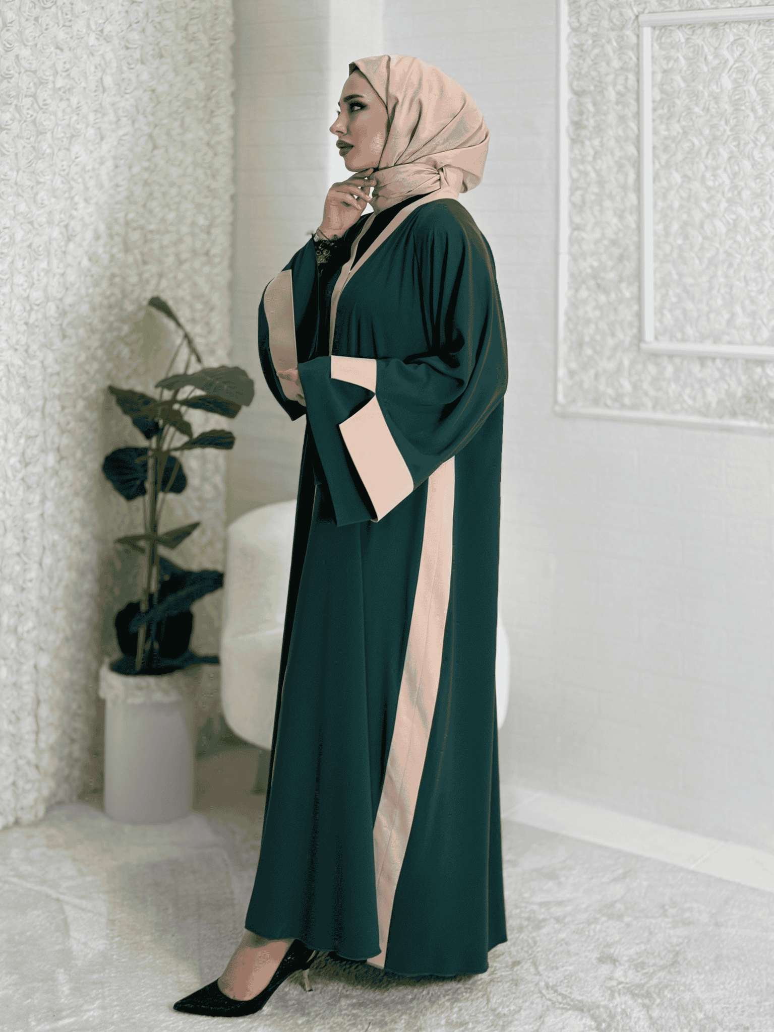 Cream Garnished Green Daily Abaya