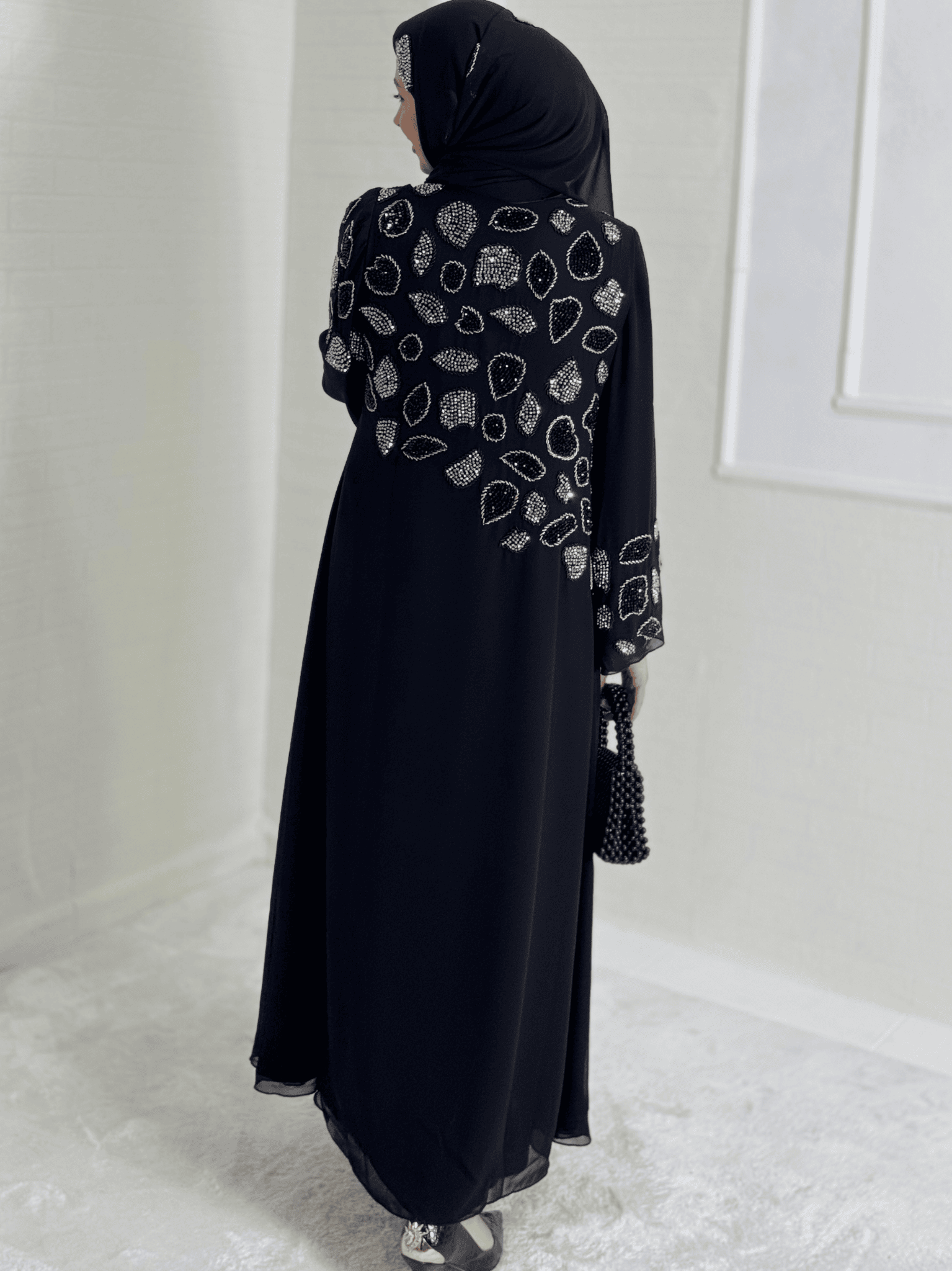 Dubai Style Black Abaya with Hand Embroidered Beads on Shoulders