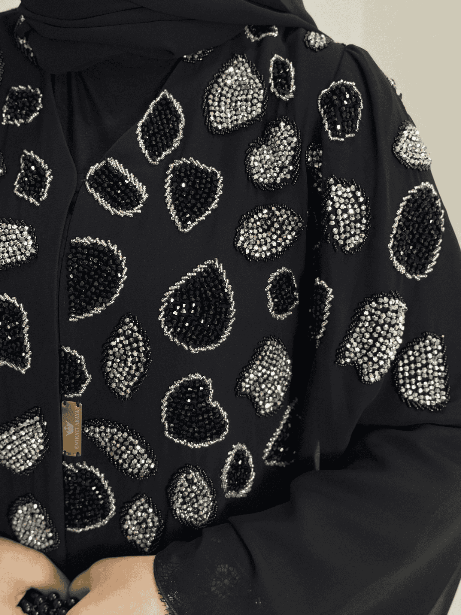 Dubai Style Black Abaya with Hand Embroidered Beads on Shoulders