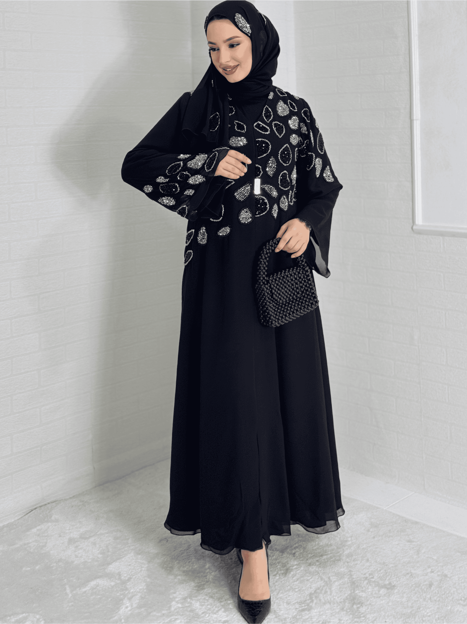 Dubai Style Black Abaya with Hand Embroidered Beads on Shoulders