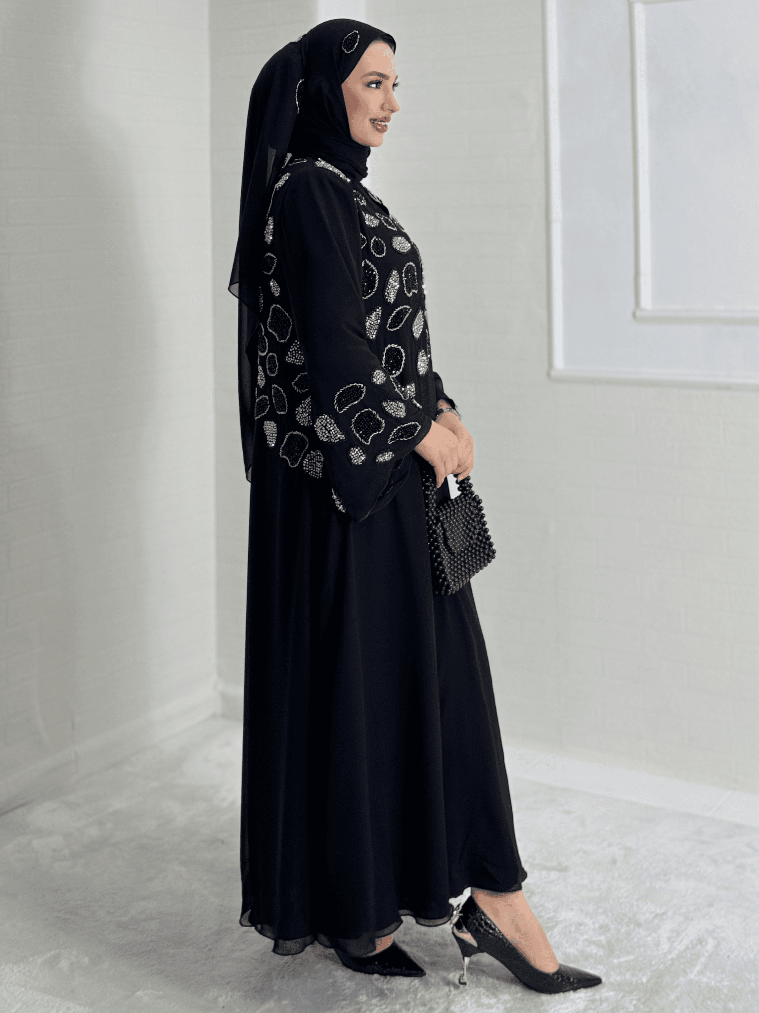 Dubai Style Black Abaya with Hand Embroidered Beads on Shoulders