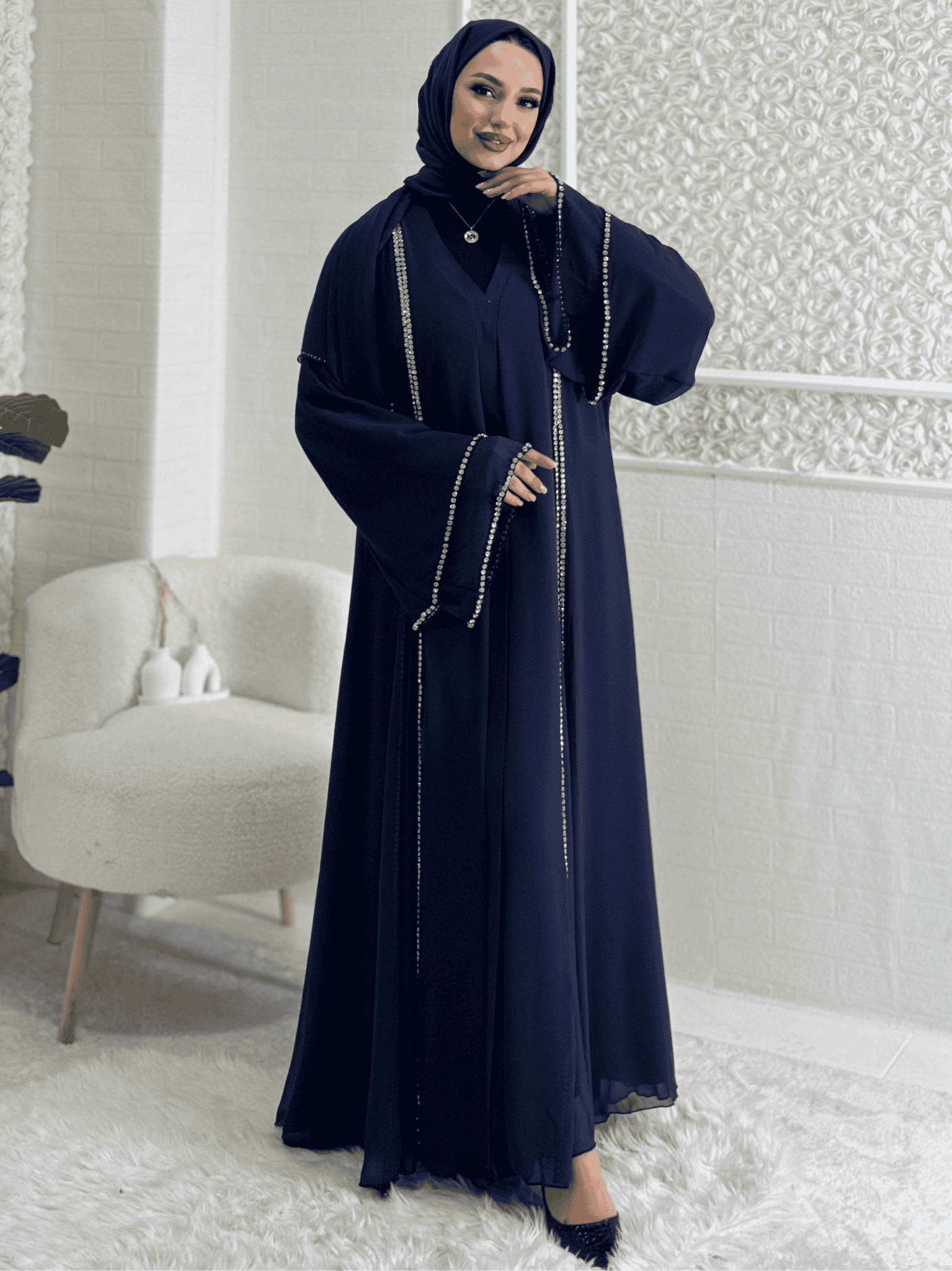 Front Slit Crystal Stone Chiffon Blue Abaya