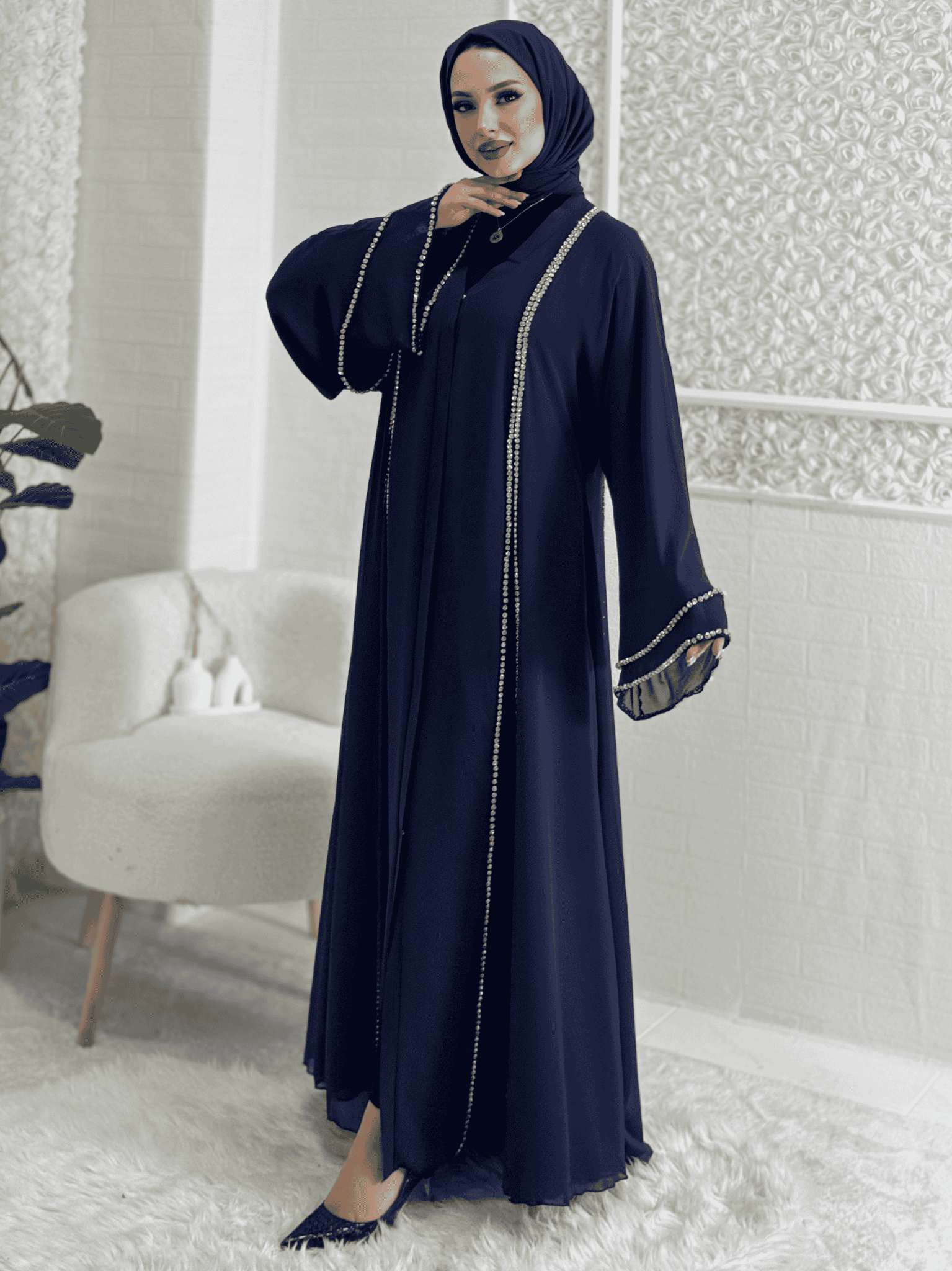 Front Slit Crystal Stone Chiffon Blue Abaya