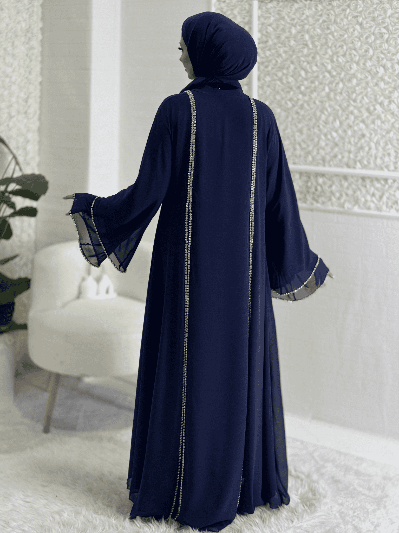 Front Slit Crystal Stone Chiffon Blue Abaya