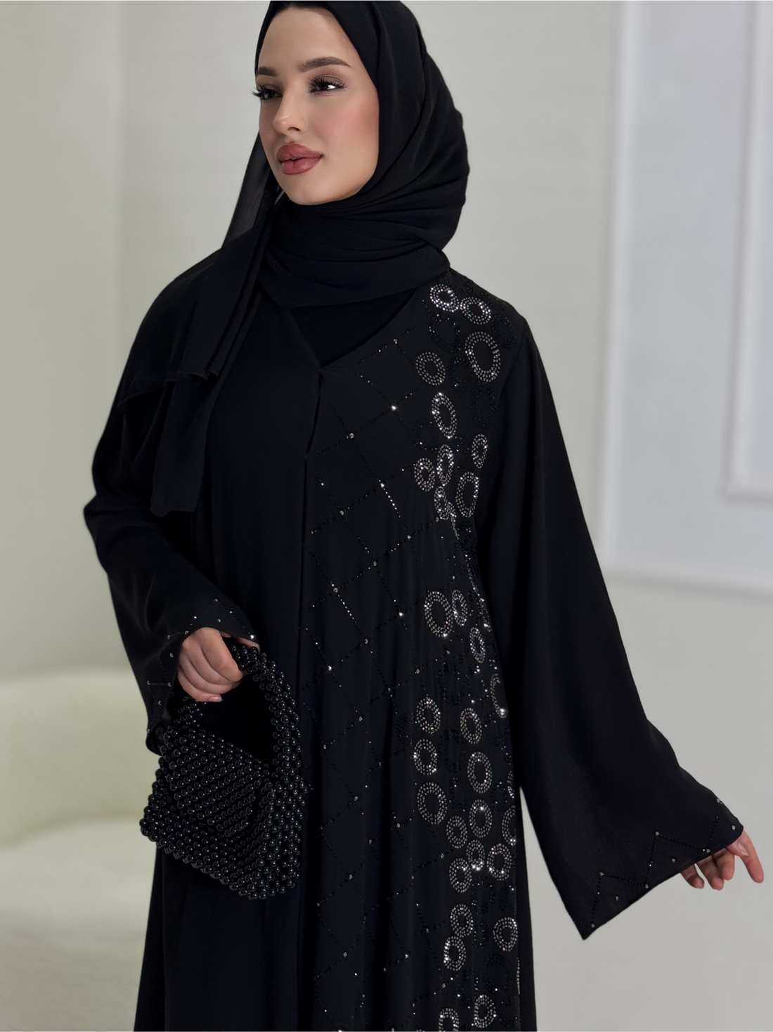 Swarovski Taş Desenli Siyah Şık Abaya
