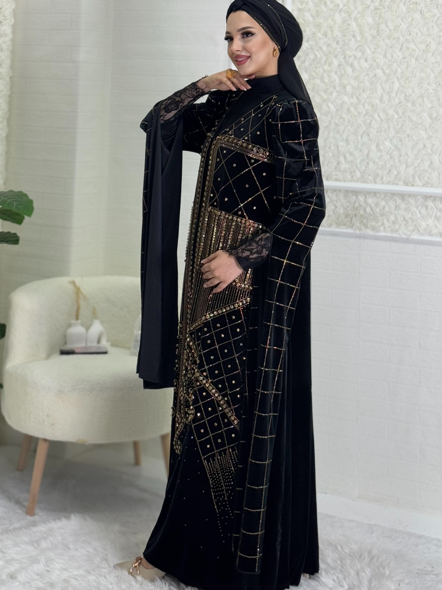 Gold Stone Patterned Stylish Abaya