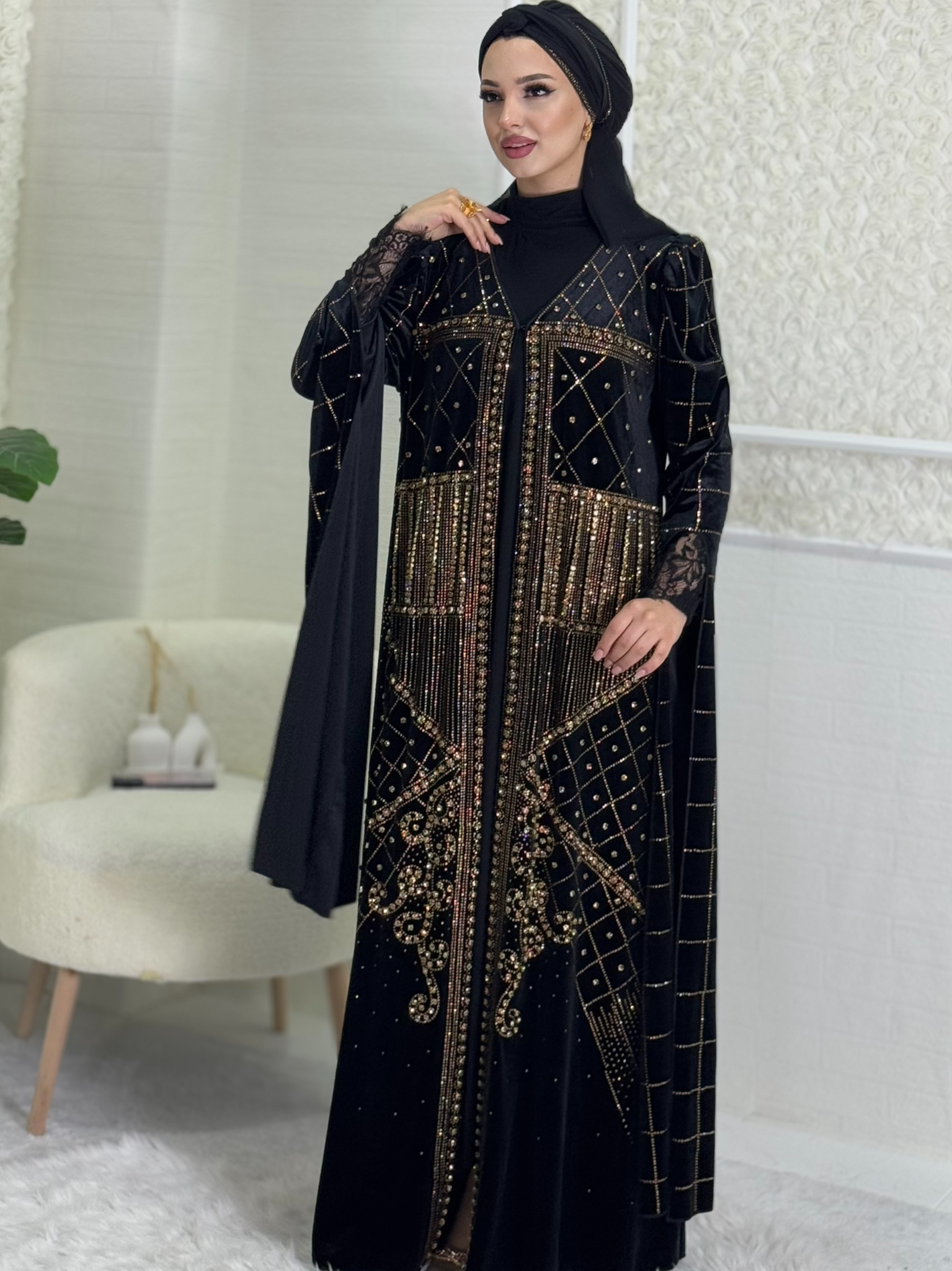 Gold Stone Patterned Stylish Abaya