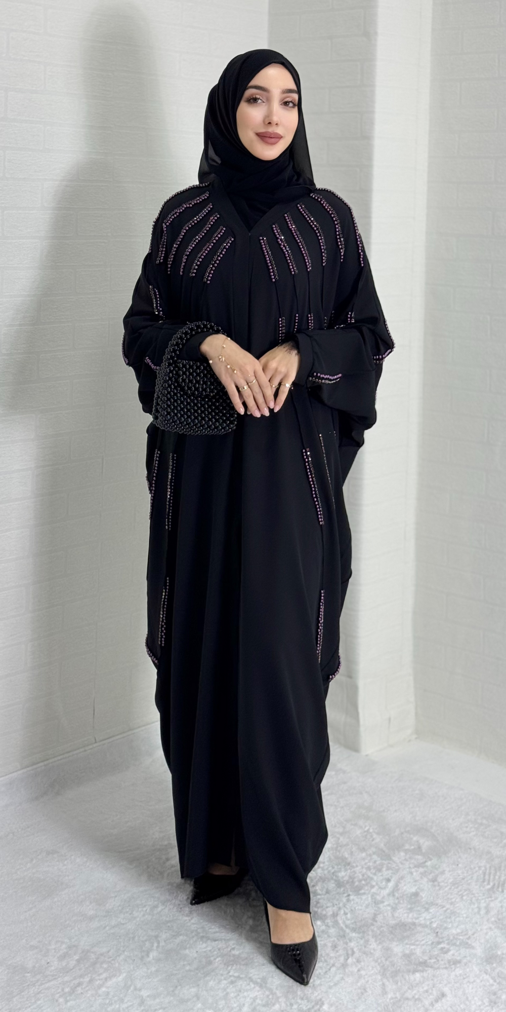 Önü İncili ve Mor Taşlı Şifon Siyah Abaya - Zarif Lüks Model TM089 C MSB
