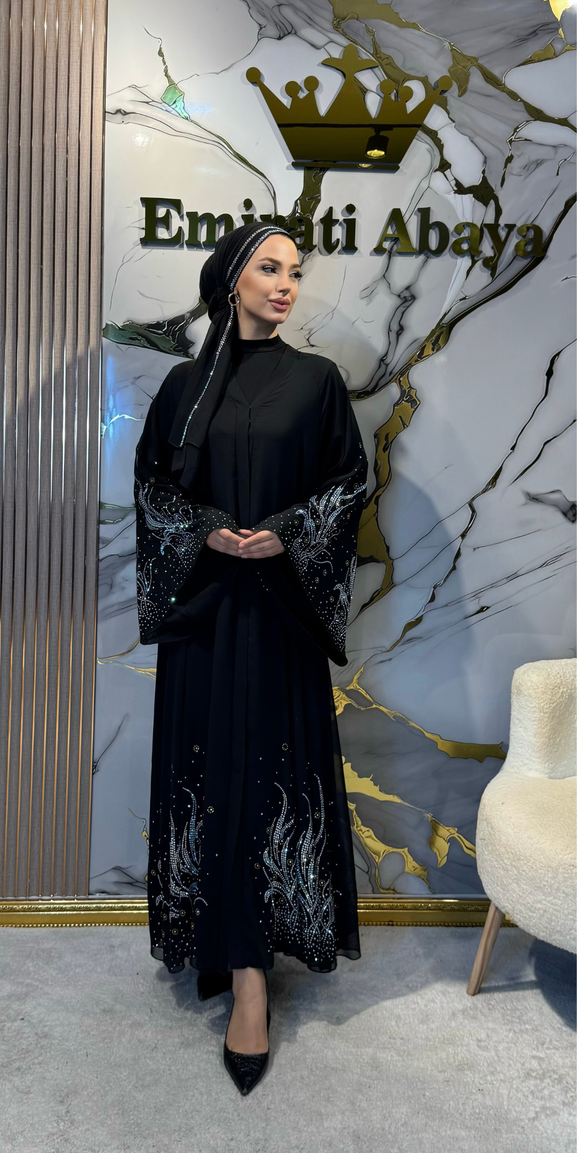 Elegant Abaya with Swarovski Patterned Hem - Refined Modern Model TM075 WSB