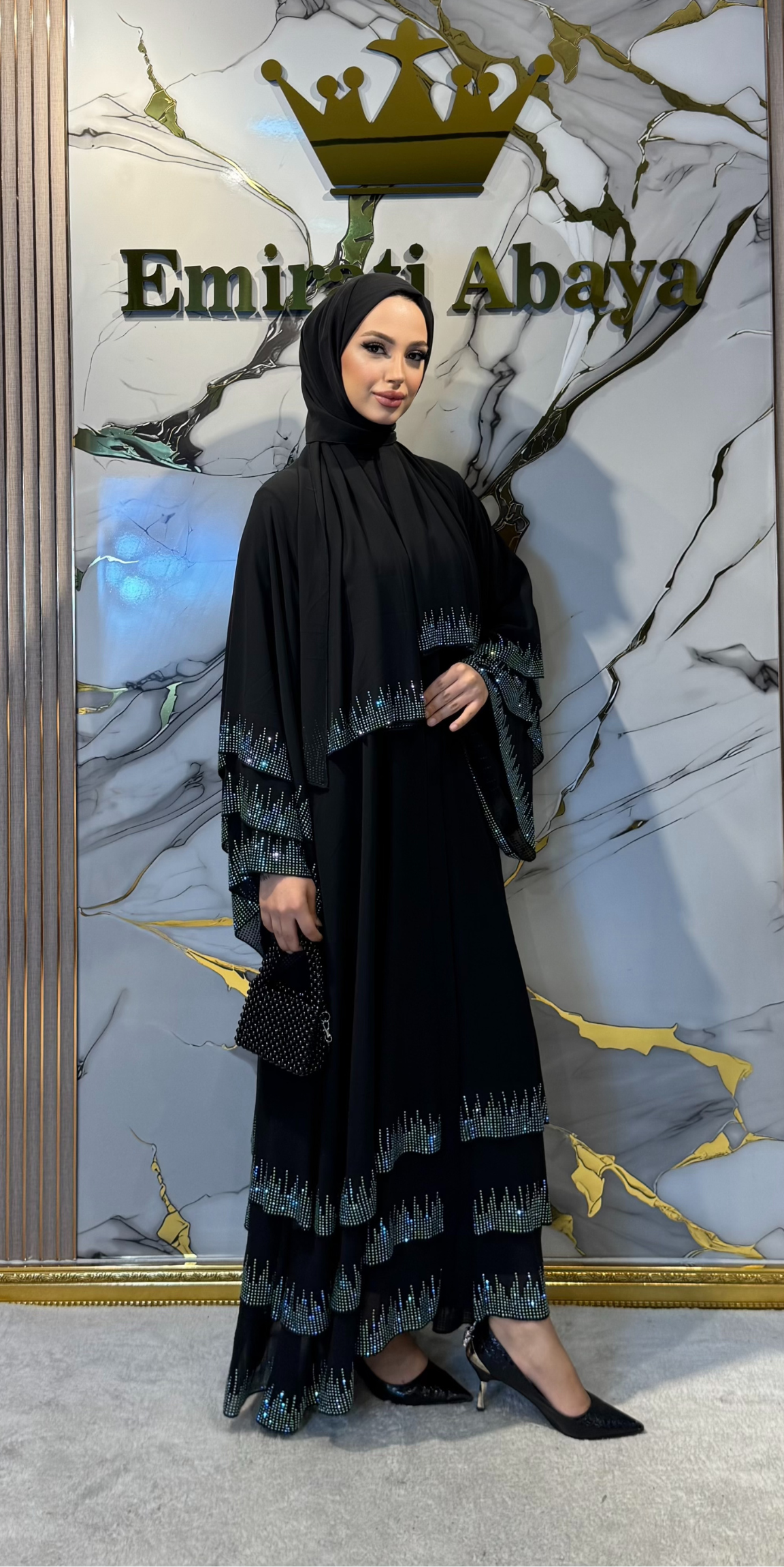 3 Katlı Şifon Yeşil Taşlı Abaya