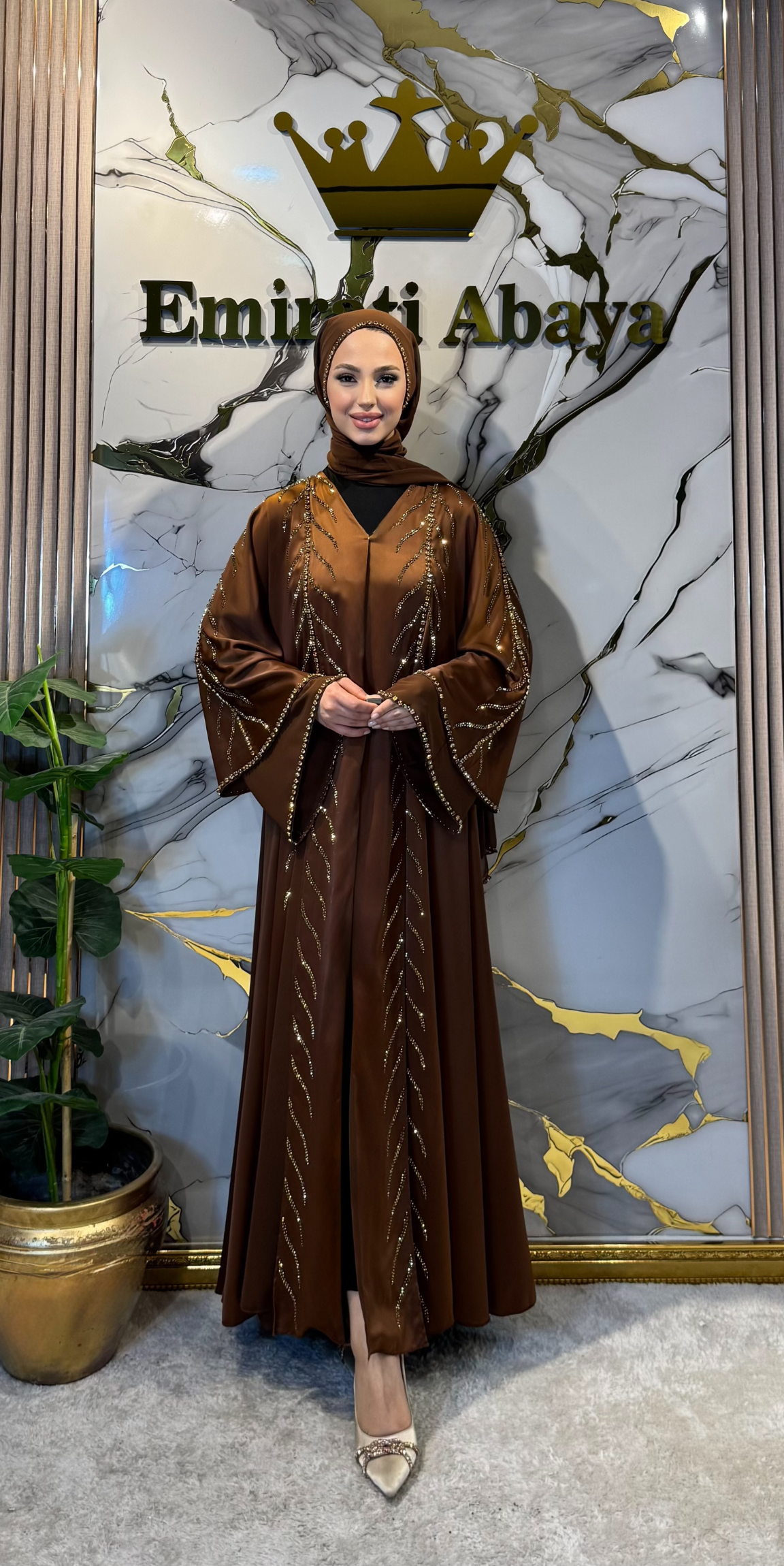 Royal Gold Dallı Önü Yırtmaçlı Zara Saten ve Şifon Abaya
