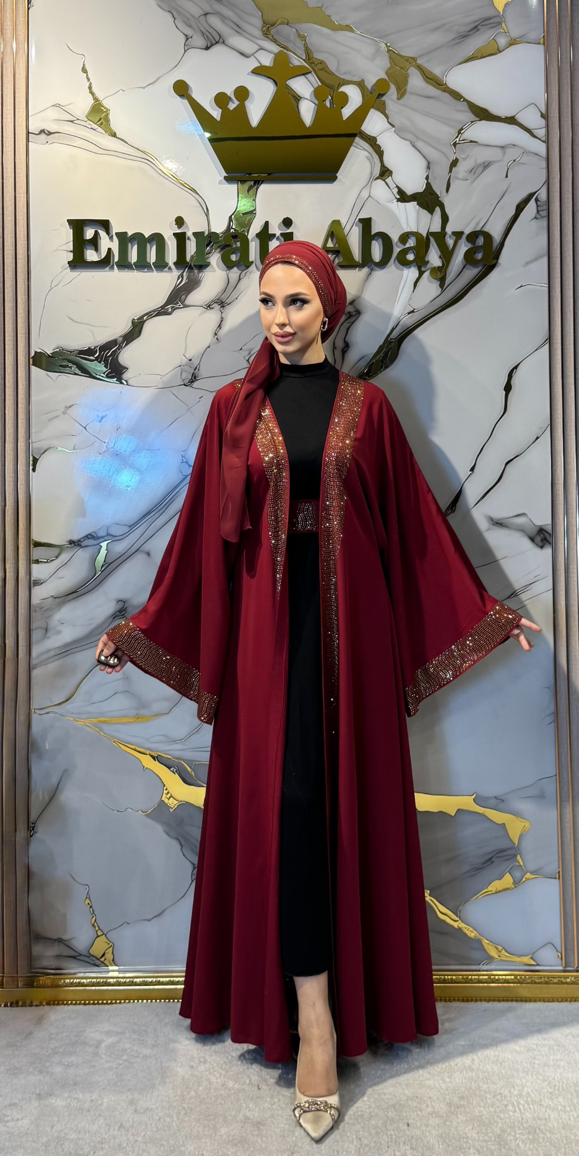 Gold Taş Detaylı Bordo Yöresel Dubai Abaya