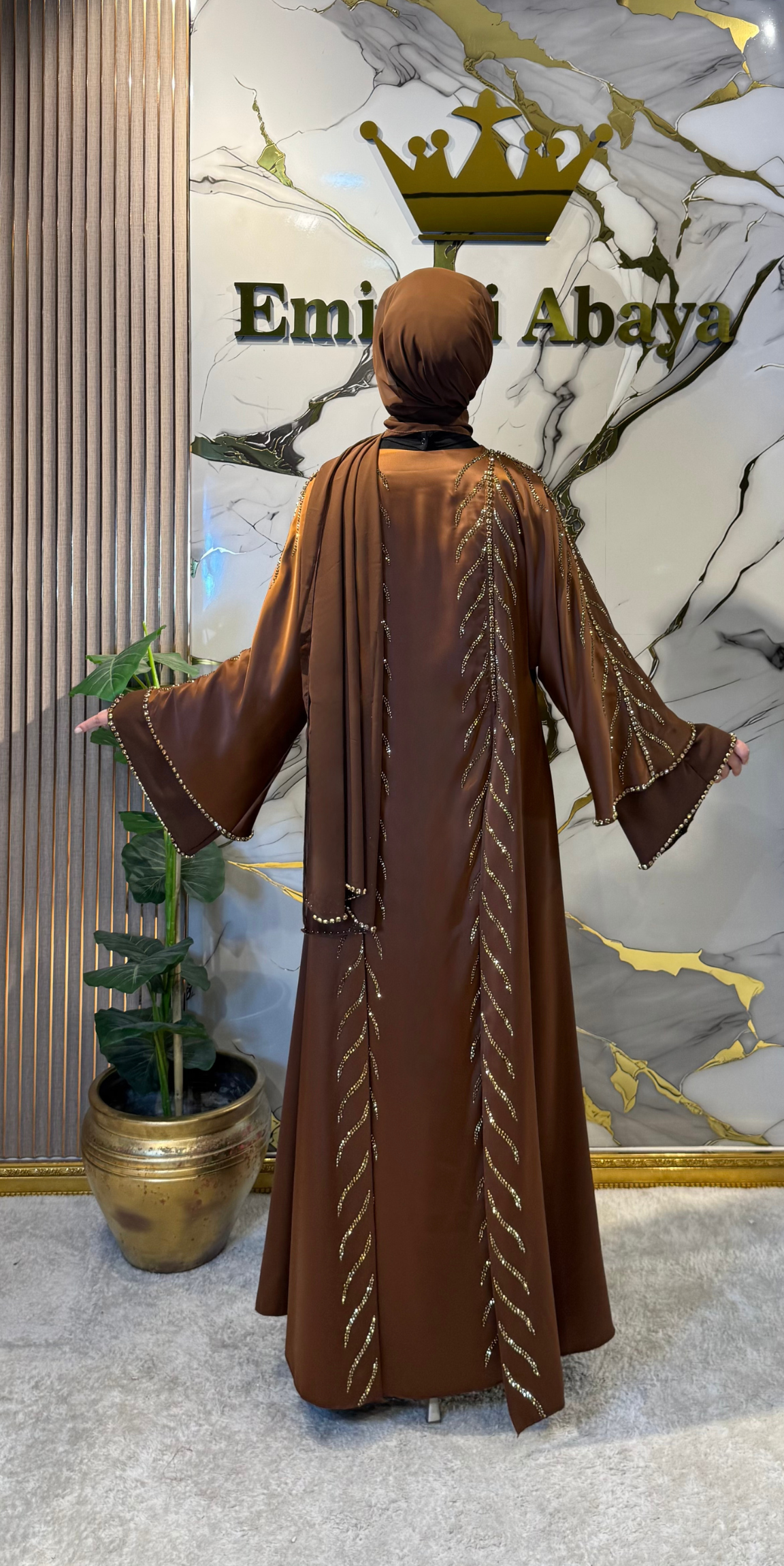 Royal Gold Dallı Önü Yırtmaçlı Zara Saten ve Şifon Abaya