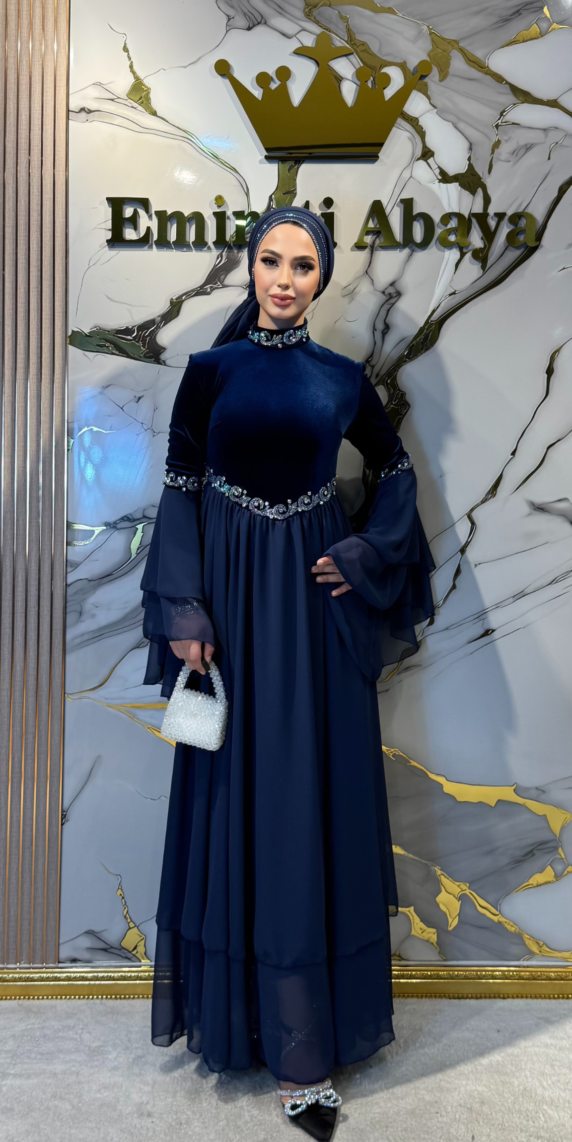 Royal Midnight Serenade Lacivert Kadife Şifon Janjan Taşlı Abiye Elbise