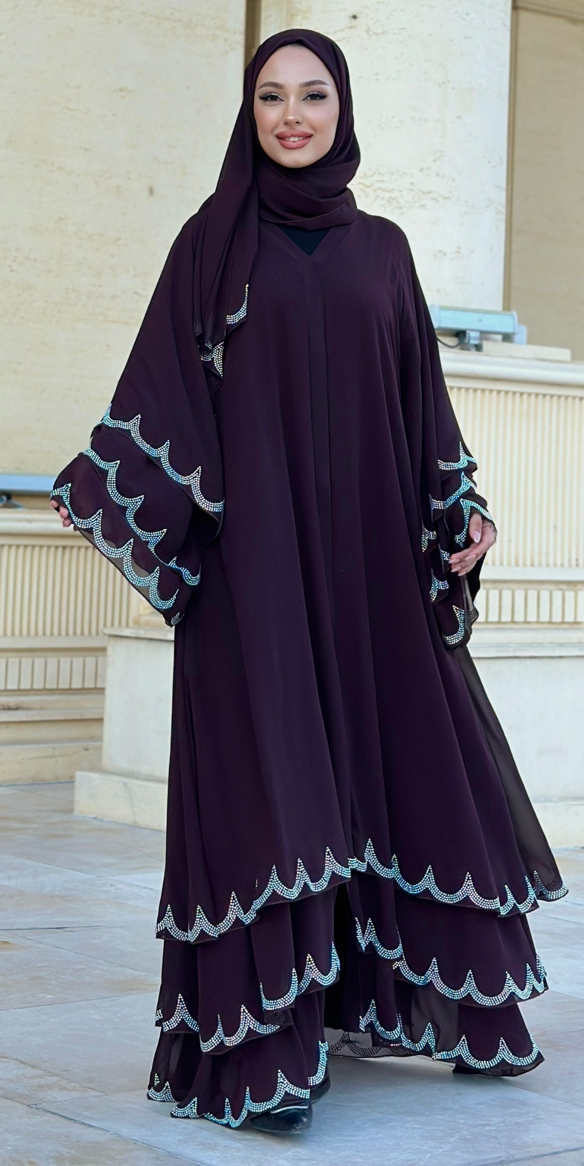 Etek Uçları Swarovski Taşlı Kahverengi Abaya