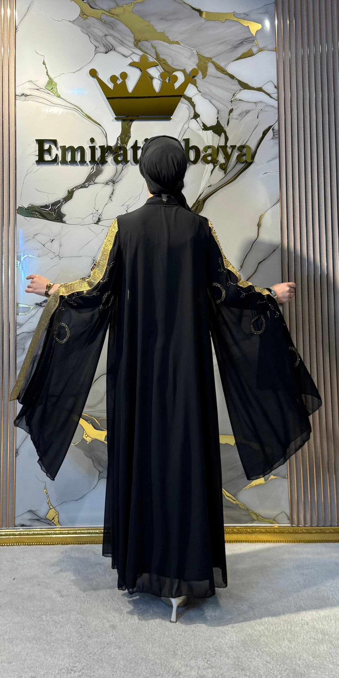 Black Chiffon Abaya with Gold Stripe and Butterfly Sleeves