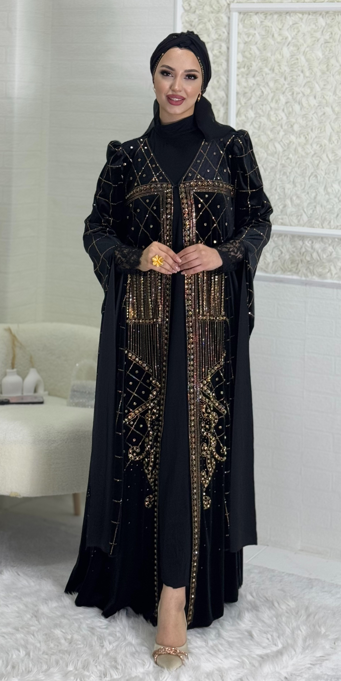 Gold Taş Desenli Şık ŞİFON  Abaya