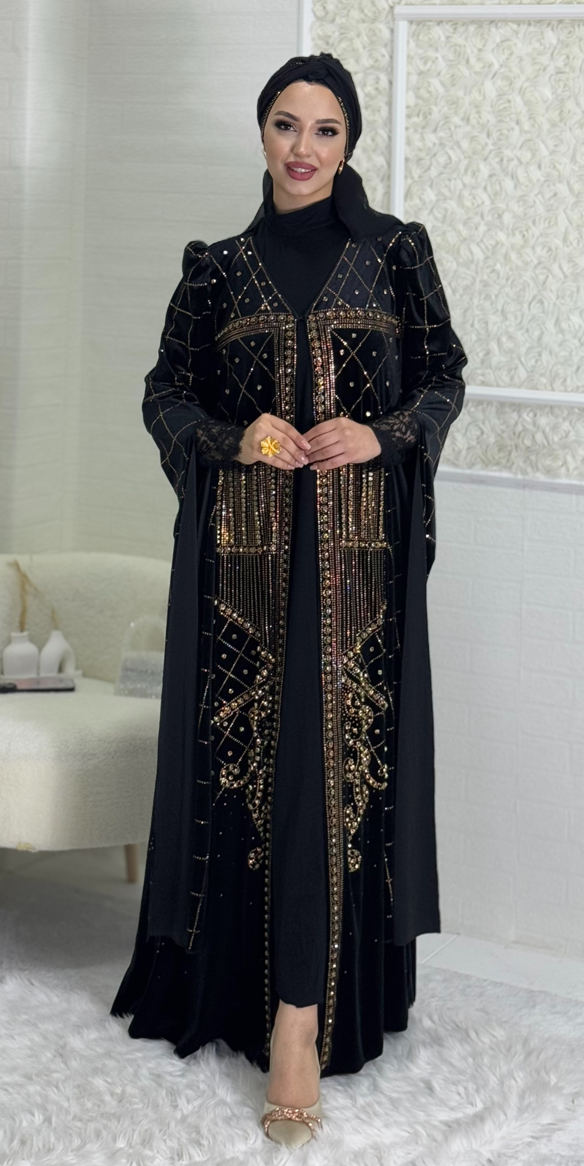 Gold Stone Patterned Stylish Abaya