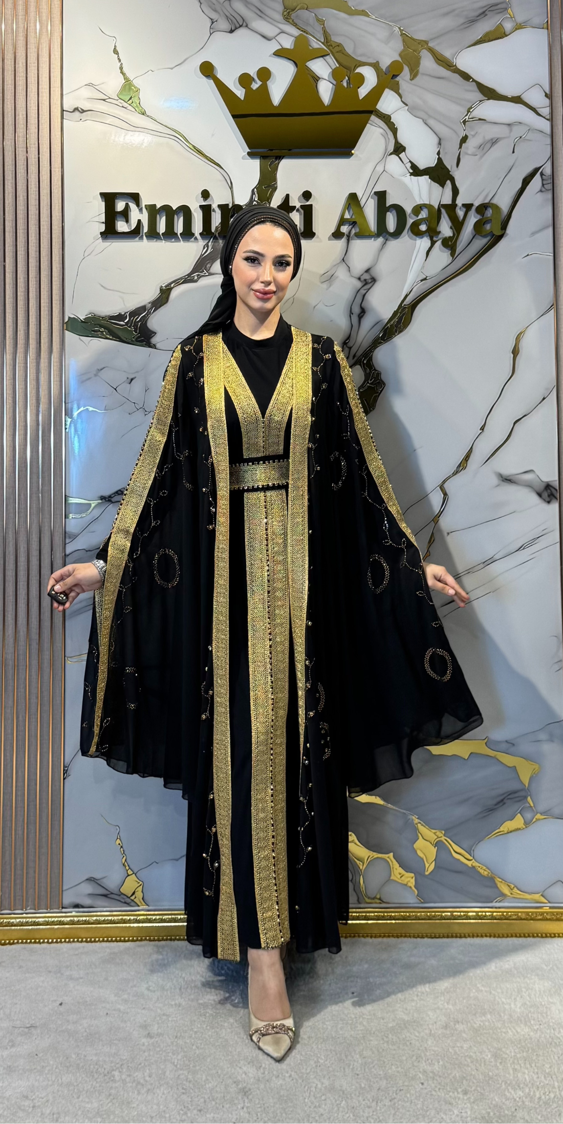 Black Chiffon Abaya with Gold Stripe and Butterfly Sleeves