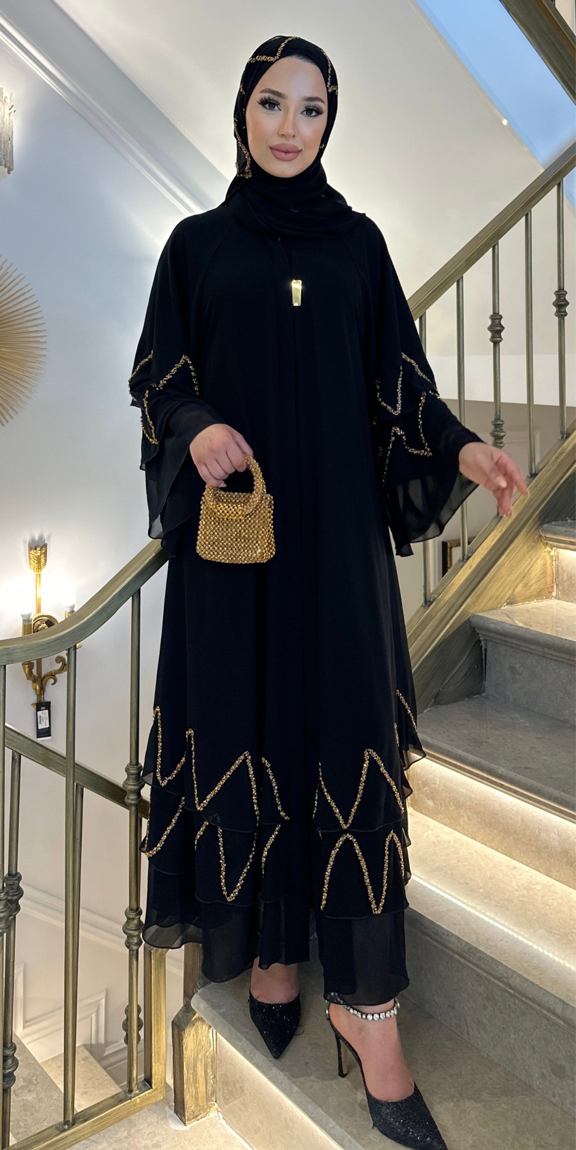 El İşlemesi Sarı Taşlı Siyah Şifon Abaya M1 DGSB - Zarif El İşçiliği Model