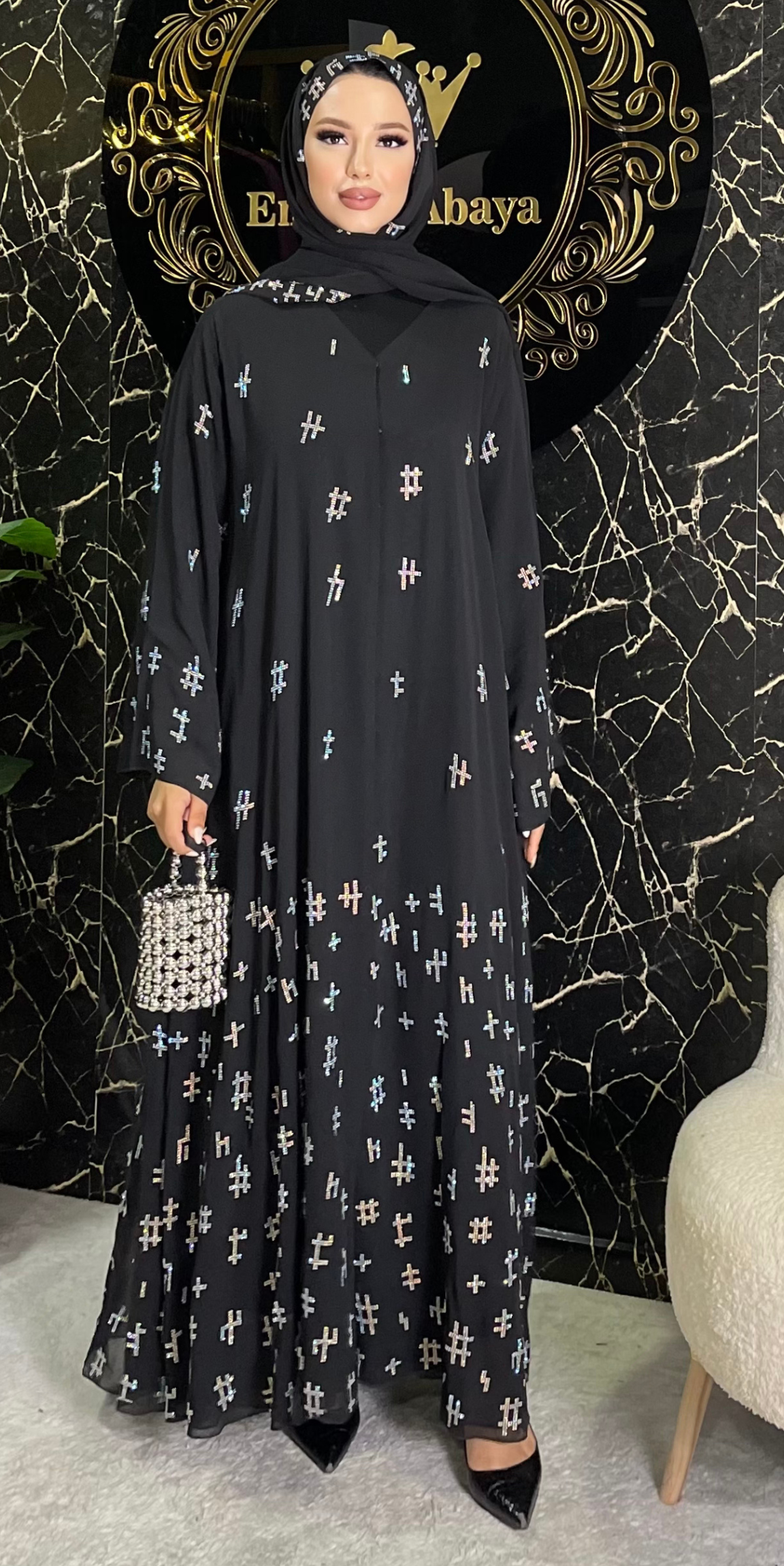 Janjan Geometrik Taş Detaylı Siyah Abaya