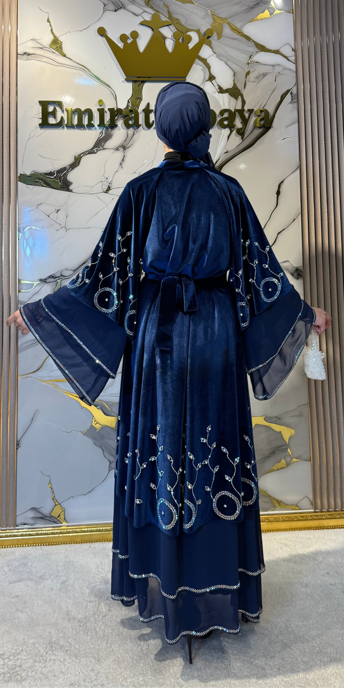 Gece Mavisi Kadife Taşlı Abaya