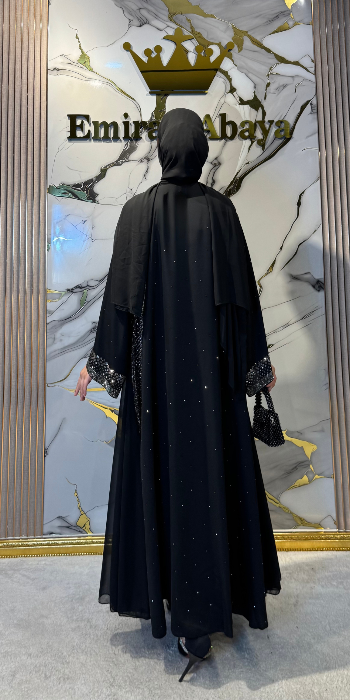 Lüks Hematit Taş Detaylı Dubai Abaya