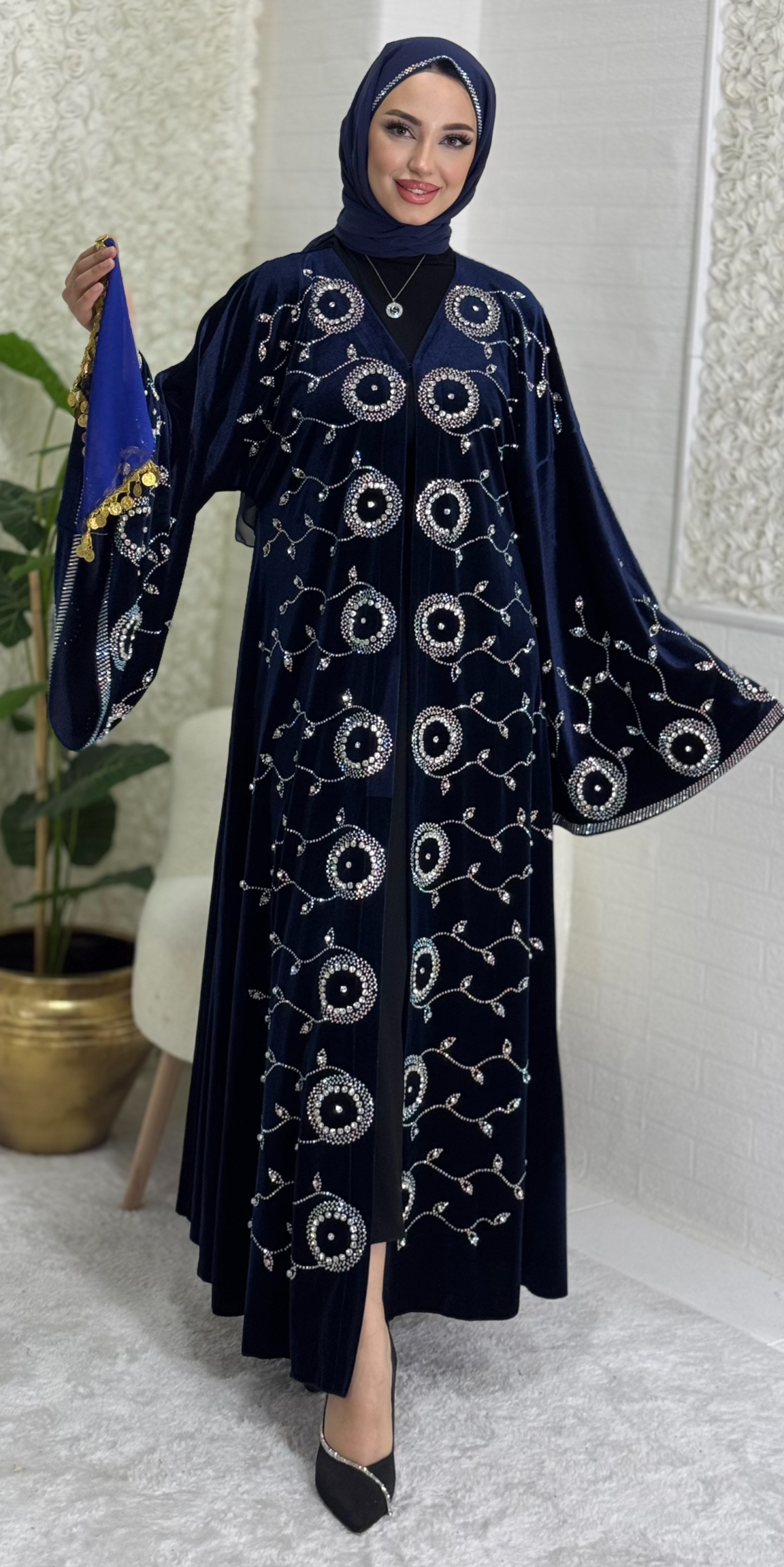 Blue velvet abaya with crystal stones on the front