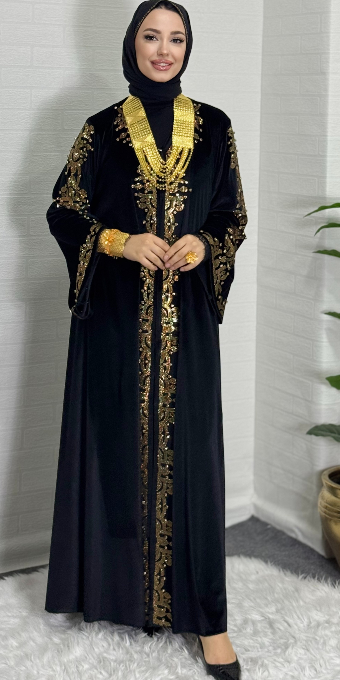 Elegant Black Velvet Abaya with Gold Stones on Front and Shoulder to Sleeves