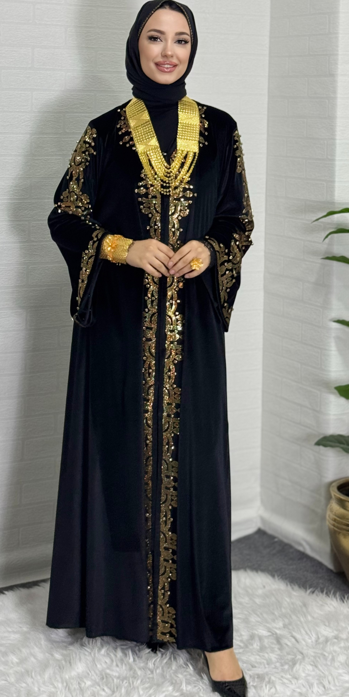 Elegant Black Velvet Abaya with Gold Stone Embellishments on the Front and from Shoulders to Sleeves - Luxurious and Elegant Model TM79 GSVB
