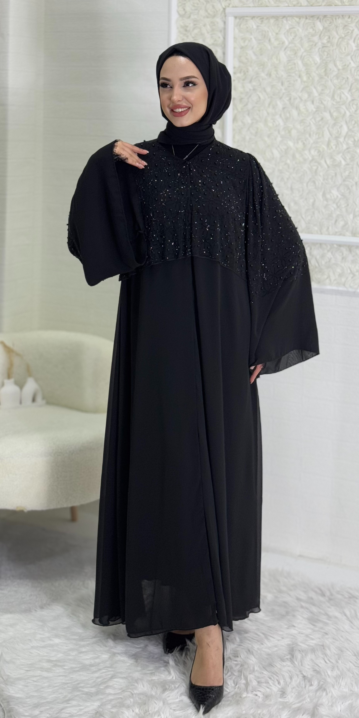 Black Abaya with Stones and Pearls on the Upper Part