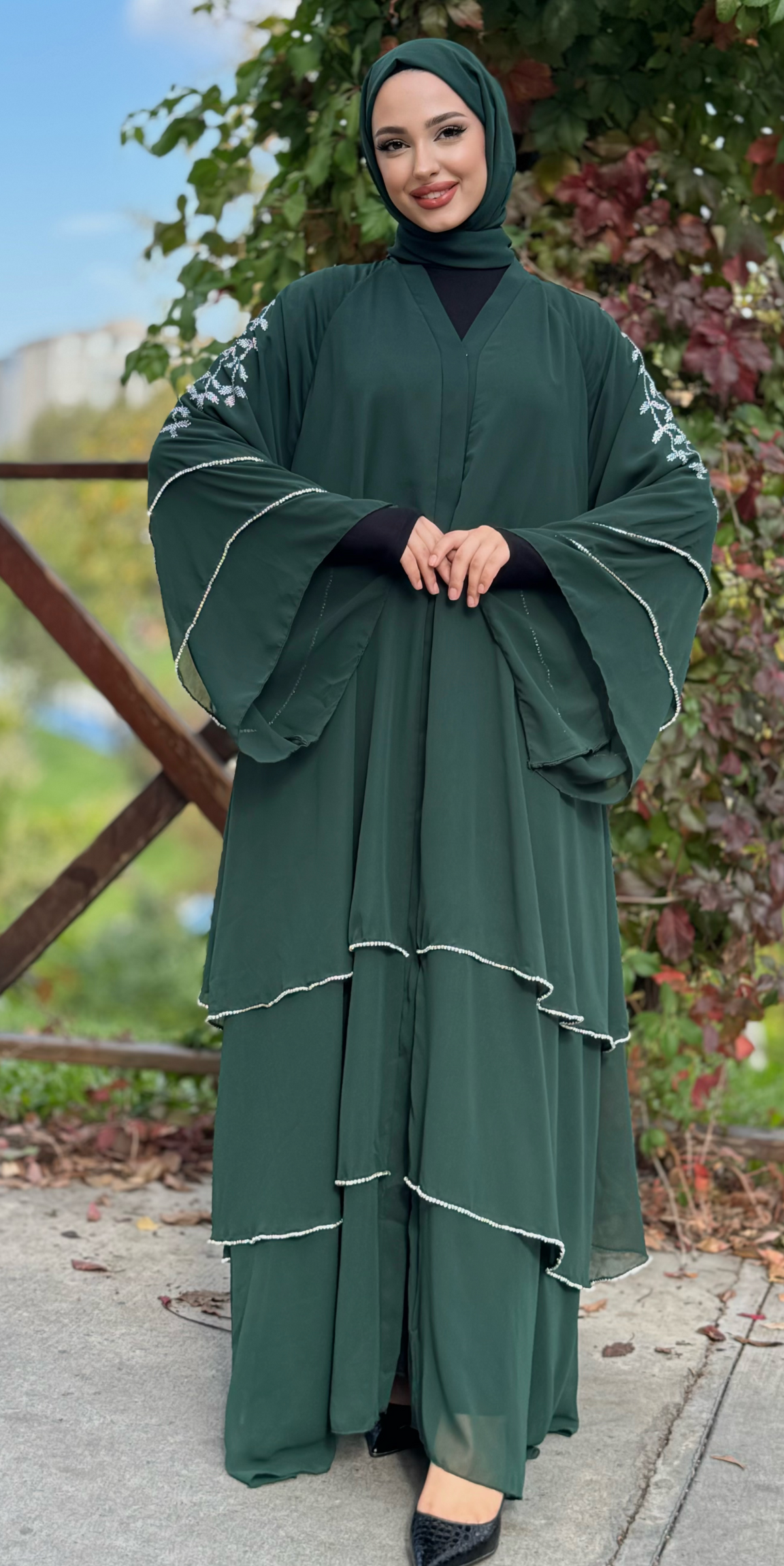 Green Abaya with Swarovski Pattern on Shoulders