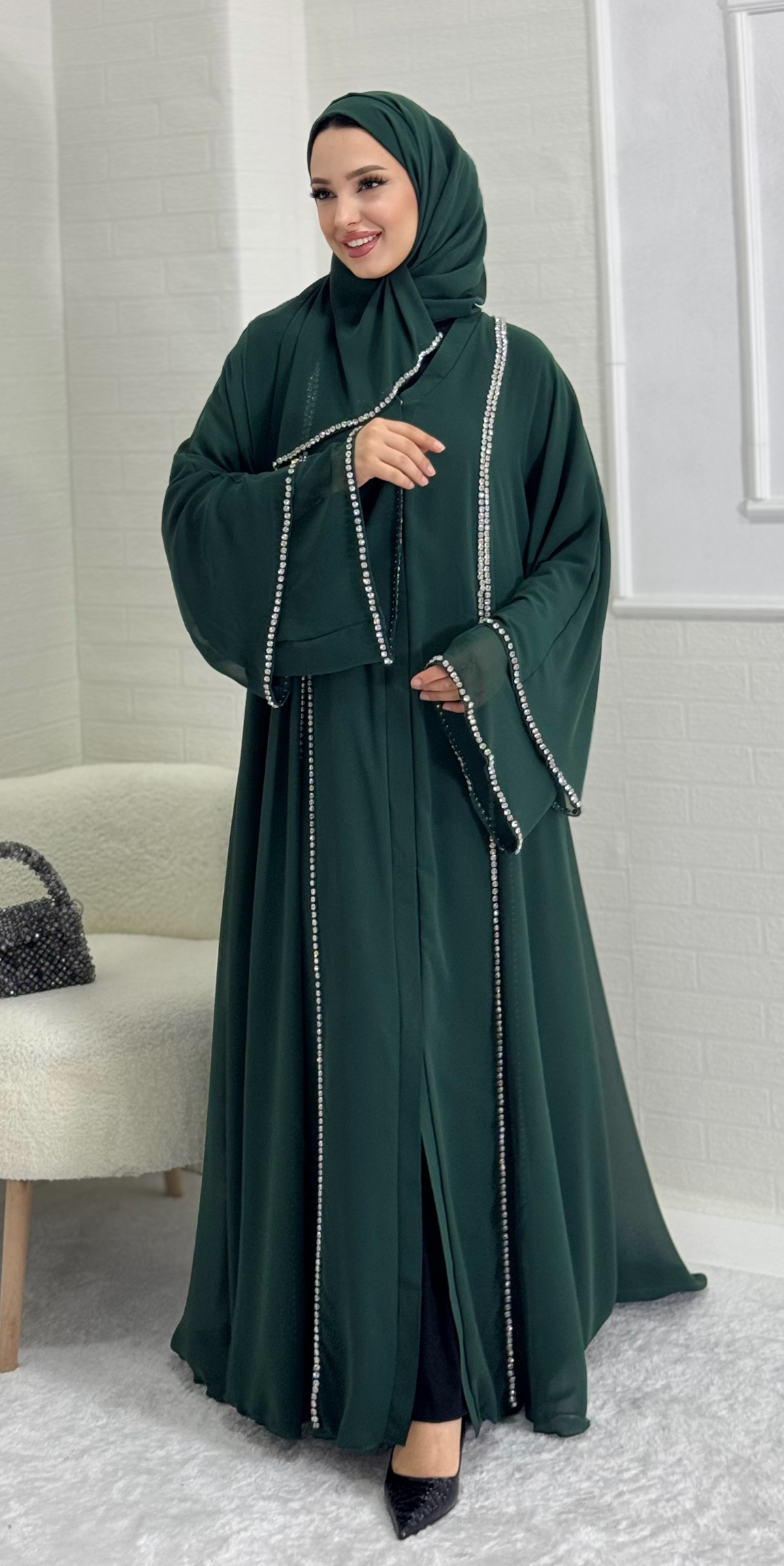 Chiffon Green Abaya with Front Slit and White Stones