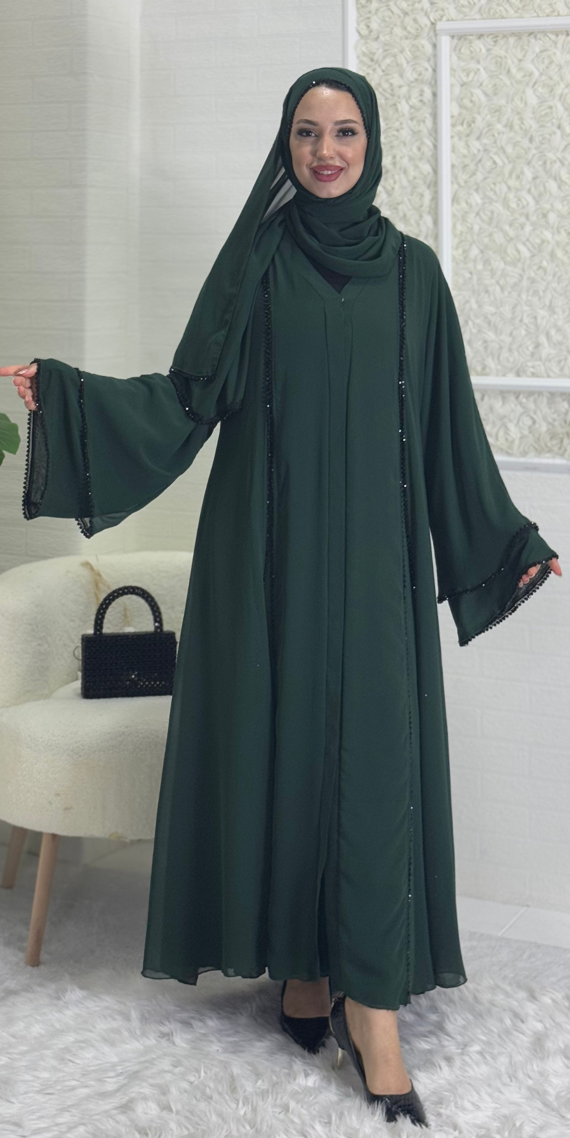 Green Abaya with Black Beads and Front Slit