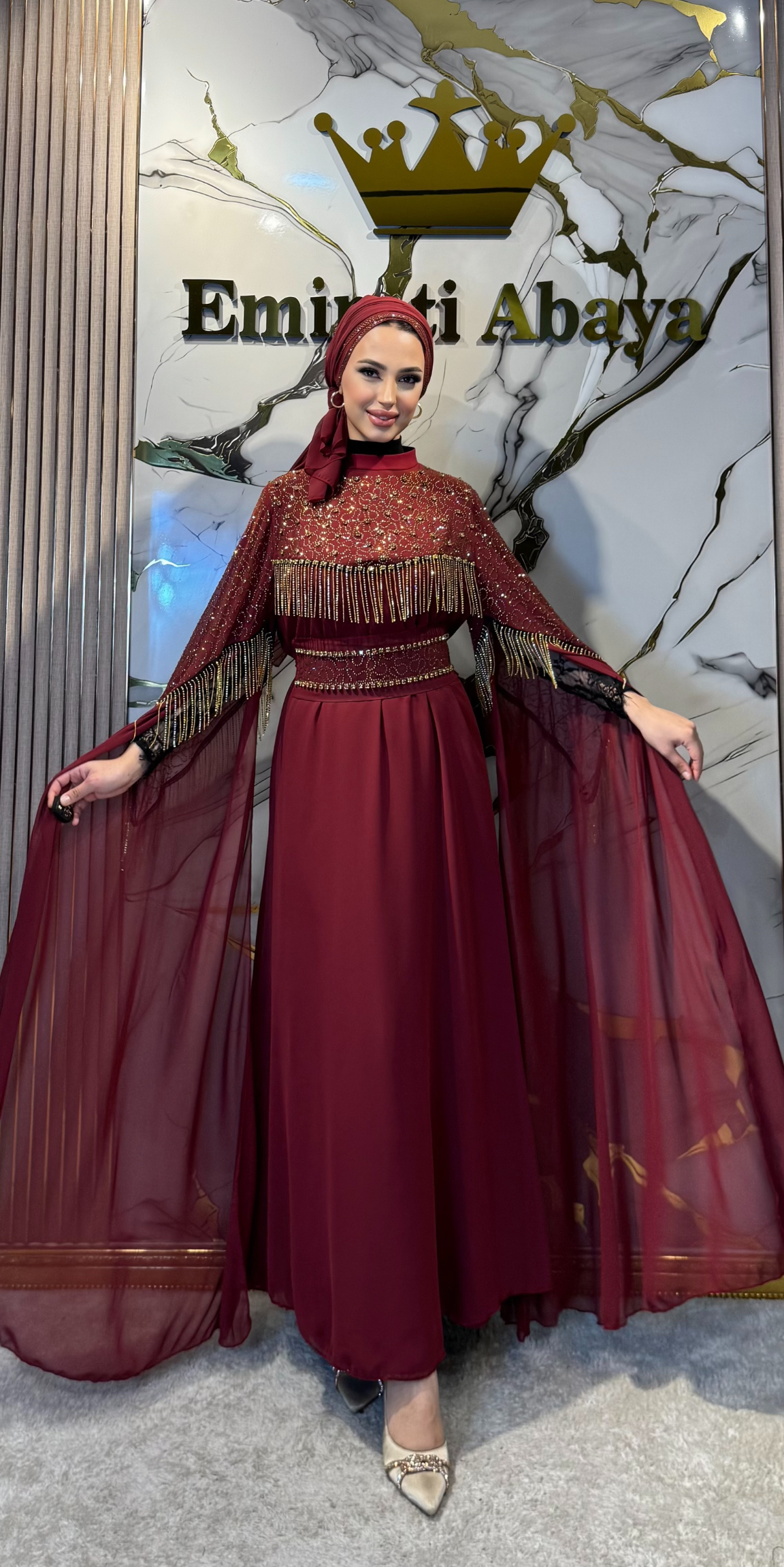 Burgundy Chiffon Long-Sleeved Abaya with Gold Embellishments