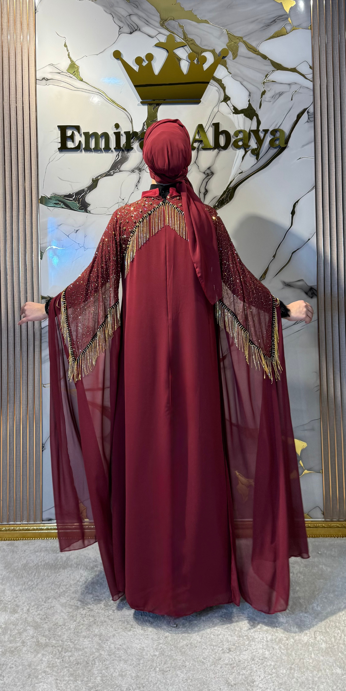 Burgundy Chiffon Long-Sleeved Abaya with Gold Embellishments