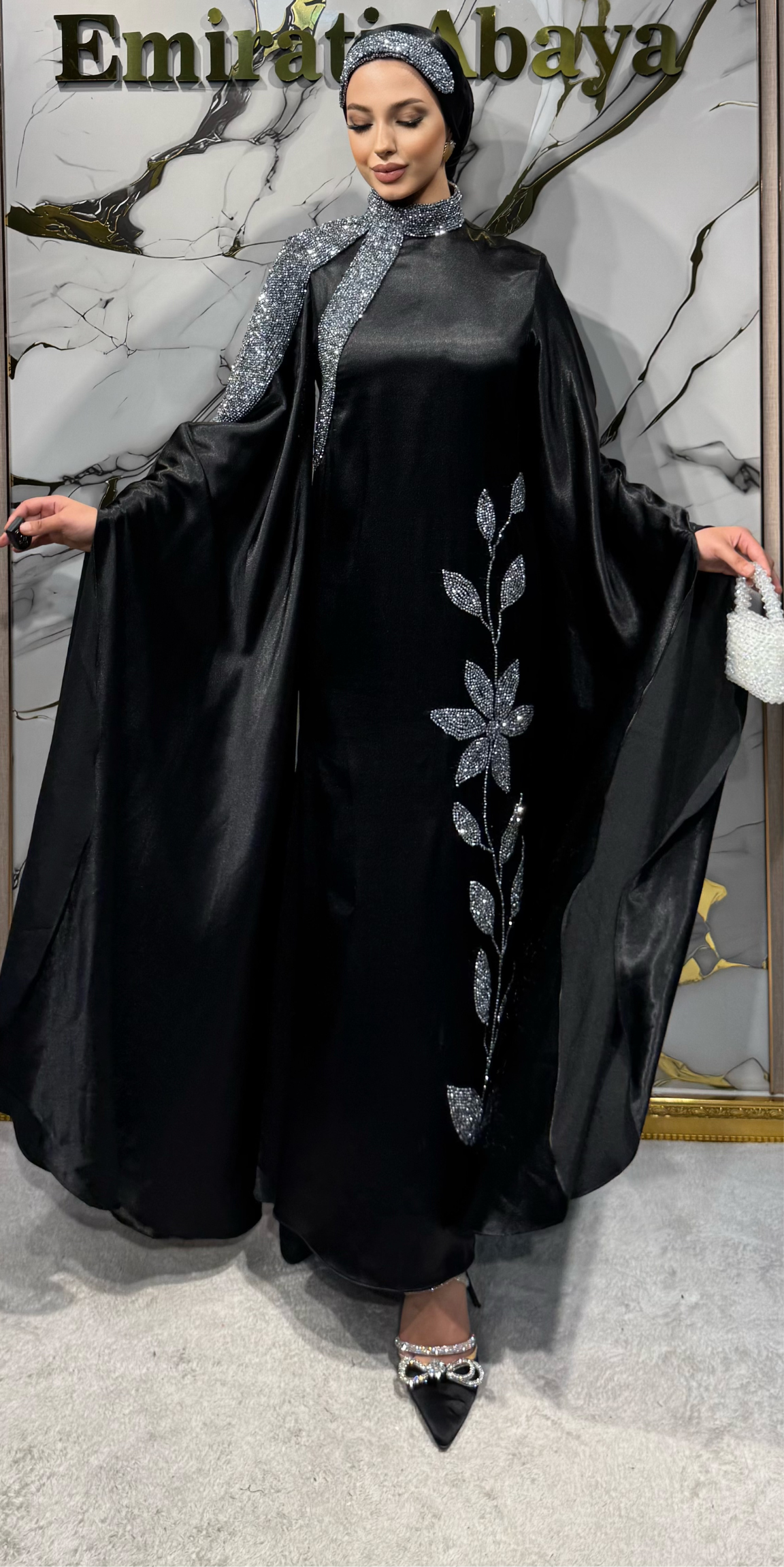 Handmade Satin Evening Dress with White Stone Embellished Floral Pattern and Butterfly Sleeves | EF009 HSB