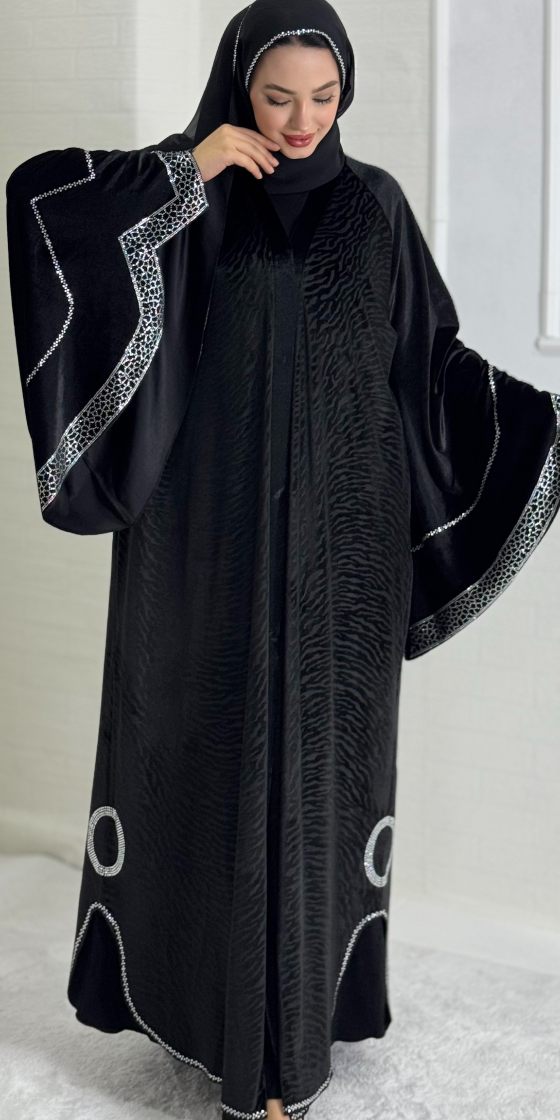 Black Velvet Abaya with White Stone Detail