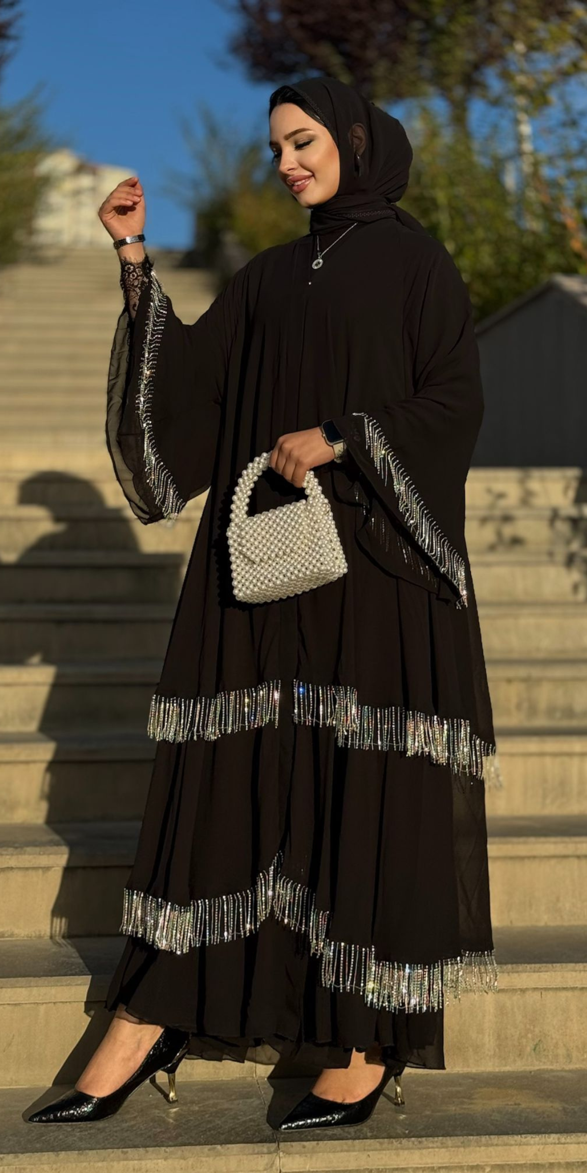 Three-Layered Abaya with Crystal Tassels on the Skirt Ends