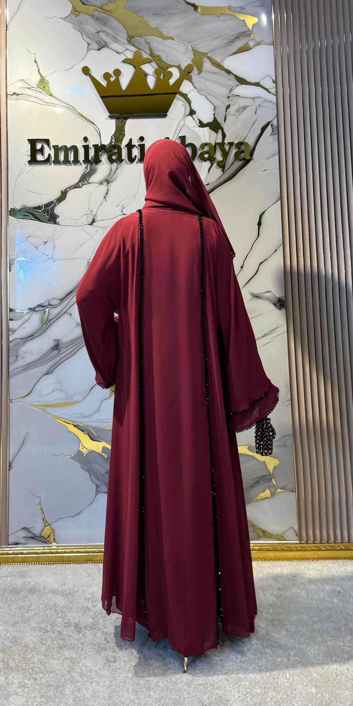 Front Slit Black Beaded Burgundy Abaya TM06 HM BORDEAUX